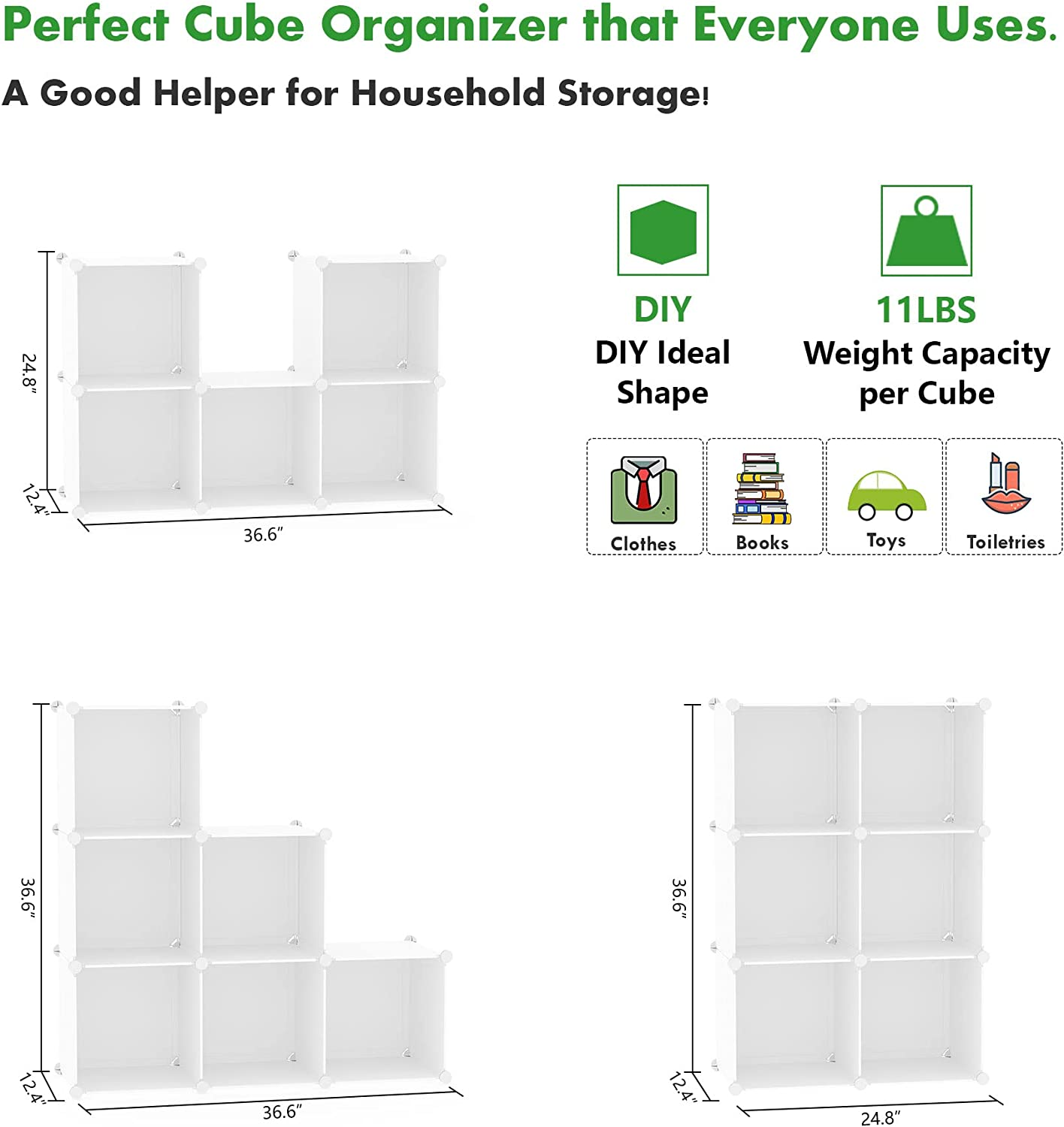 C&AHOME Cube Storage Organizer, 6-Cube Shelves Units, Closet Cabinet, DIY Plastic Modular Book Shelf, Ideal for Bedroom, Living Room, Office, 36.6" L X 12.4" W X 36.6" H Milky UPCS06M image number 2