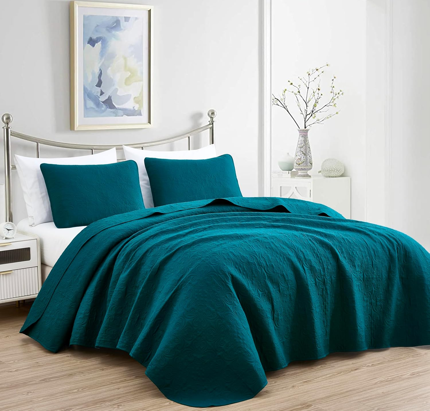 Chezmoi Collection Luca 3-Piece Oversized Bedspread Set, Queen Size, Teal - Summer Quilt Lightweight Microfiber Bedspread 100 X 106 - Floral Medallion Pattern Coverlet for All Season image number 1