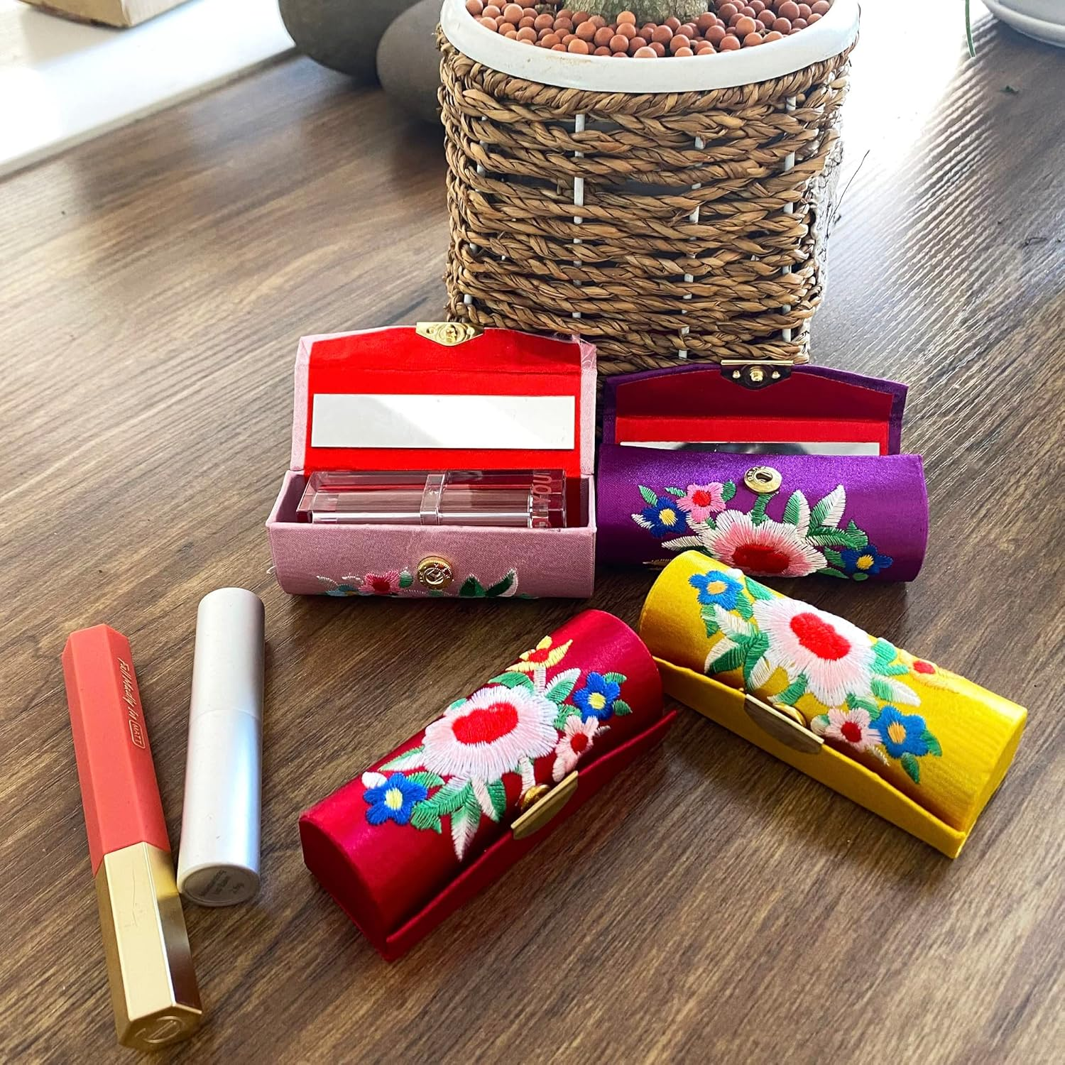 MIAO JIN 12PCS Lipstick Case with Mirror Lipstick Case Storage Case Jewelry Case Cosmetic Case &hellip;, Embroider, Embroidery image number 3