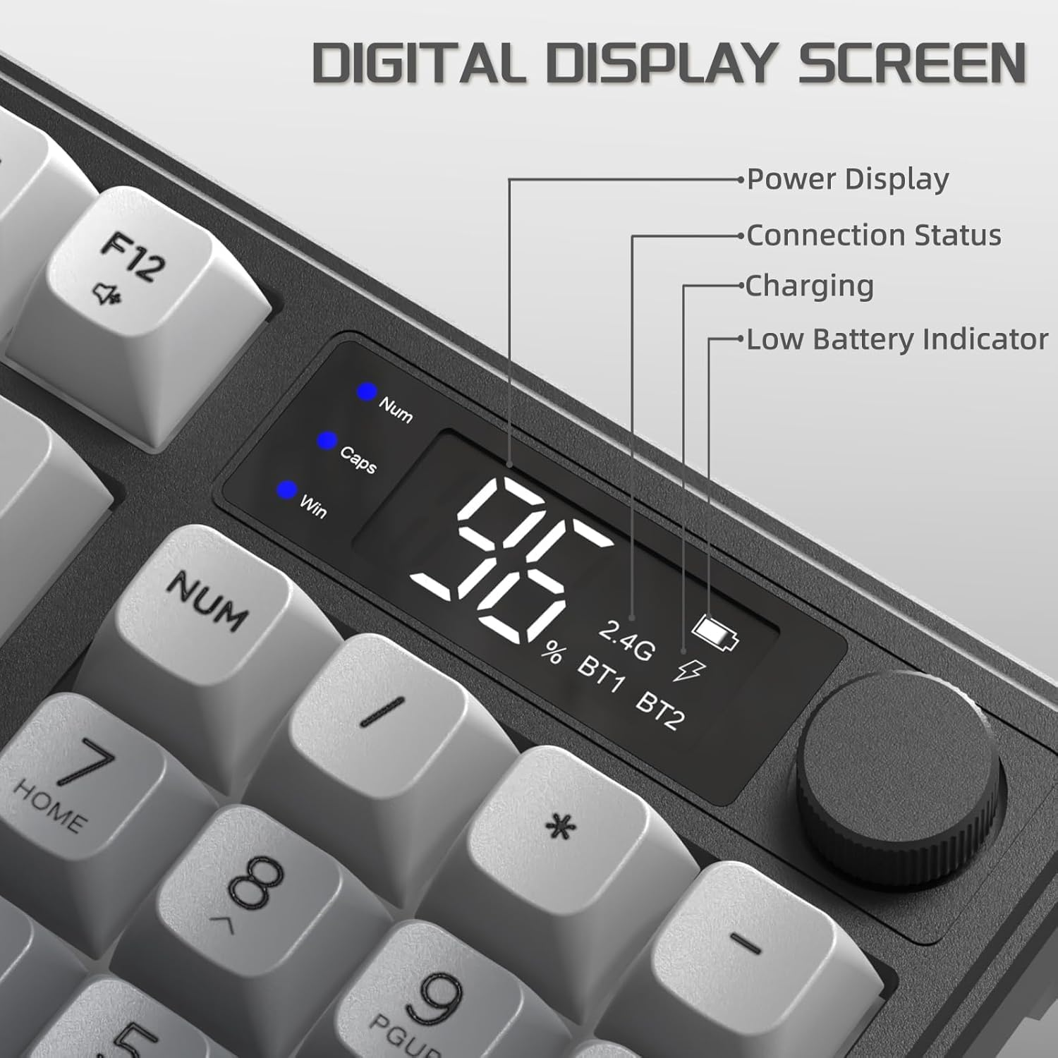 FREEWOLF M96 Wireless Gaming Keyboard Creamy Membrane with Rainbow Backlight,Media Knob,Lcd Screen,Dual Mode-Bluetooth/2.4Ghz,Ball Shape PBT Keycap 94 Key ANSI Layout for Win Mac PC Gamer(Moonlight) image number 2