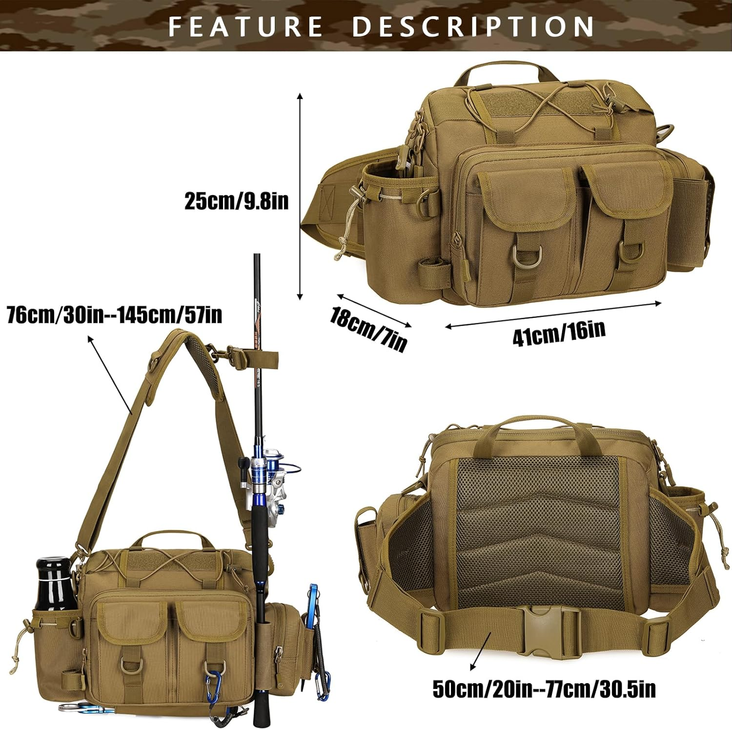 Fishing Tackle Bagcross-Body Sling Fishing Gear Organizer Pack for Fly Fishing Hiking Camping Hunting 1000D Nylon Waterproof (Wolf Brown) image number 3