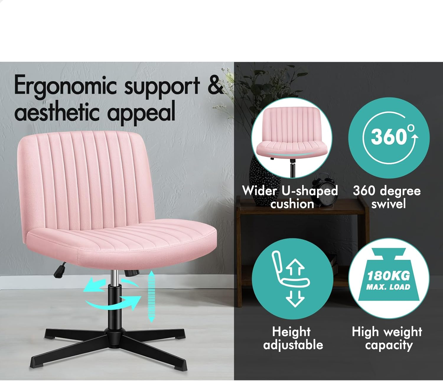 ALFORDSON Criss-Cross Desk Chair with Cross Leg Ottoman Stool, Xavi Series, Velvet Upholstery, Ergonomic Armless Office Chair with Channel-Tufted Mid-Back Design, 180Kg Capacity, Pink image number 3