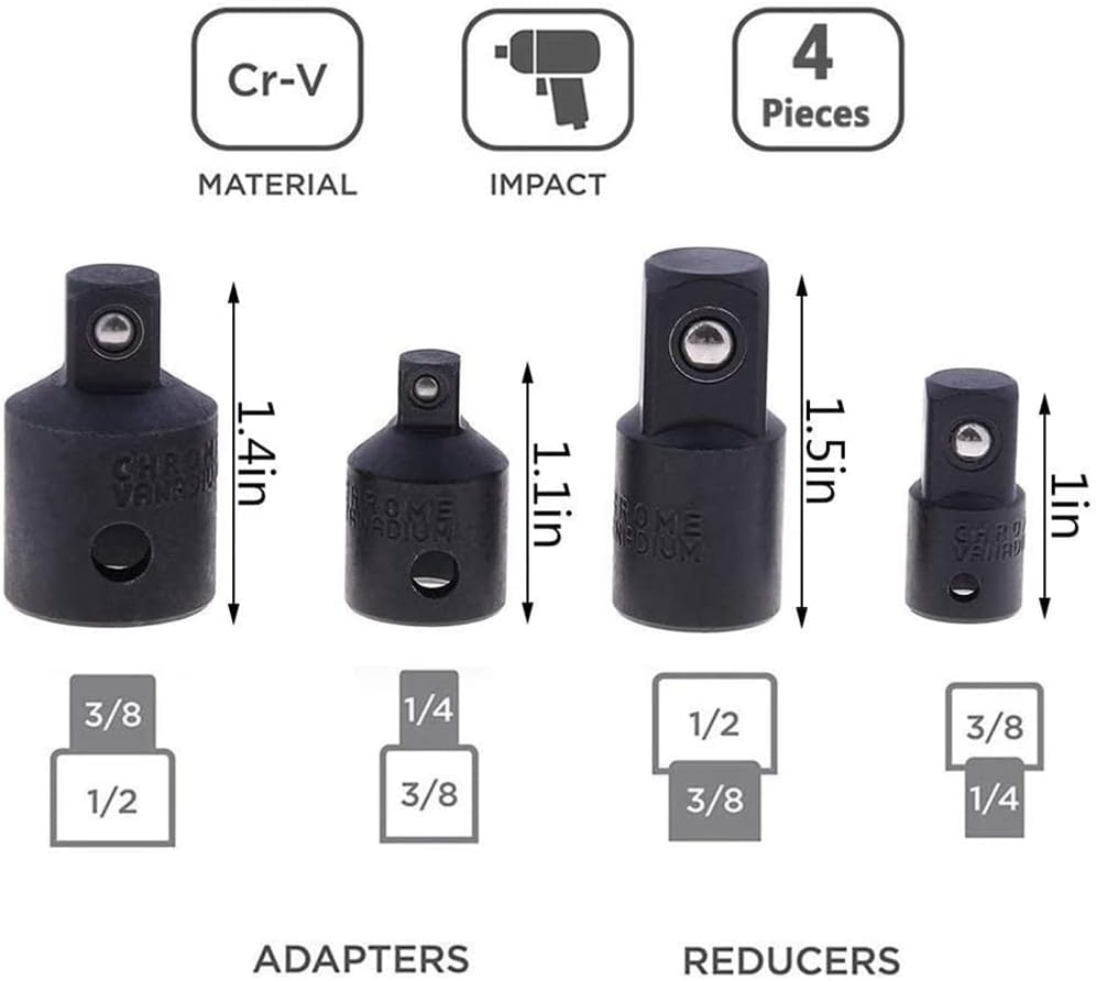 Yakamoz 4PCS Cr-V Impact Socket Adapter and Reducer Set for Impact Driver Ratchet Docket Extentsion Conversion Tool image number 2