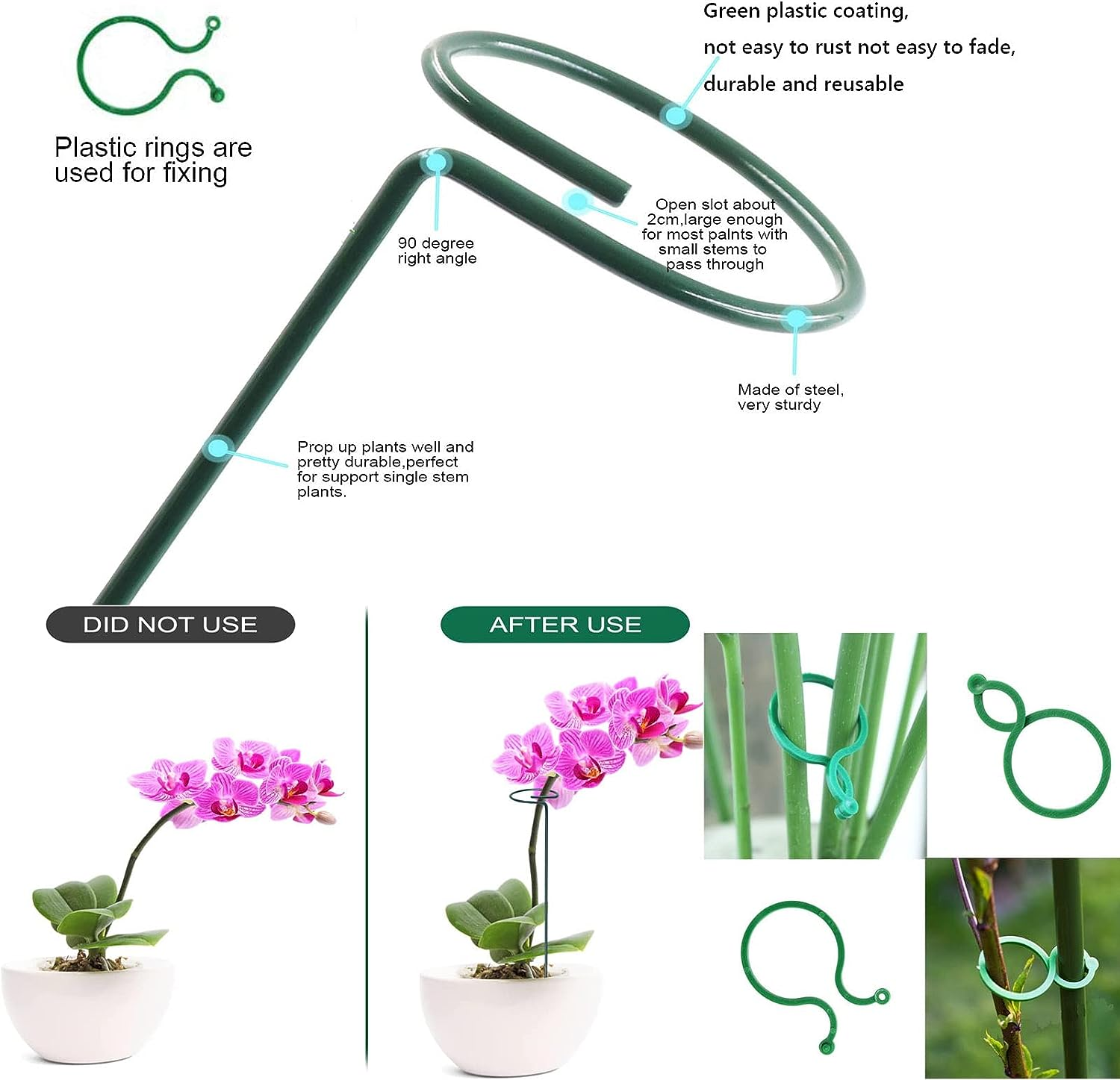 10Pack Plant Support Stakes,15.8In Metal Plant Stakes with 40Pcs Plant Clips and 10Pcs Plant Ties,Single Stem Support Stake Plant Cage Support Ring for Garden Flowers Amaryllis Orchid Tomatoes Peony image number 2