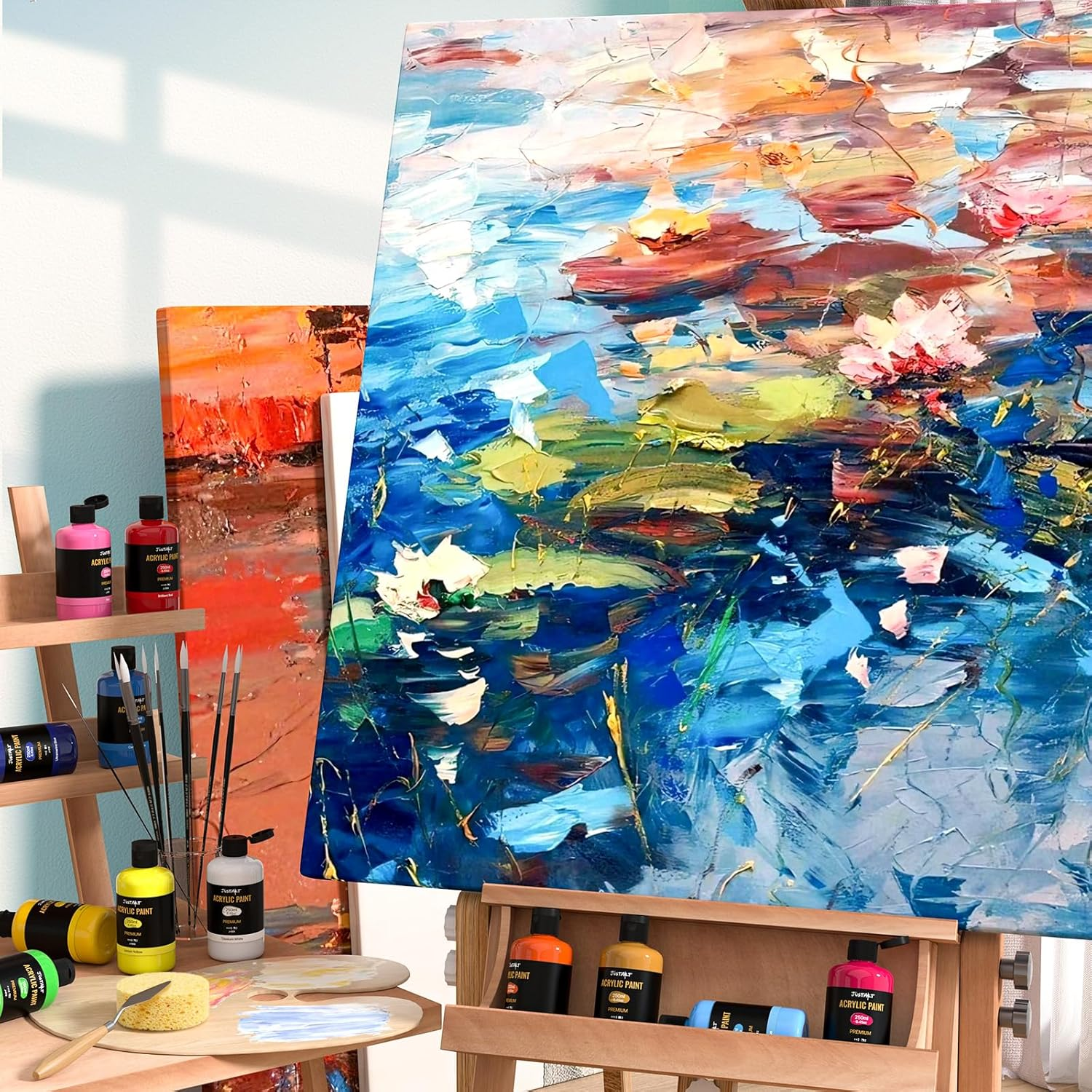 Jusart 24 Colors Acrylic Paint Set 250 Ml(8.45 Oz) Large Bottles (Including Metallic Gold and Silver),Non Toxic Acrylic Paint Professional Craft Paint Kit High Viscosity No Fading Rich Pigment image number 5