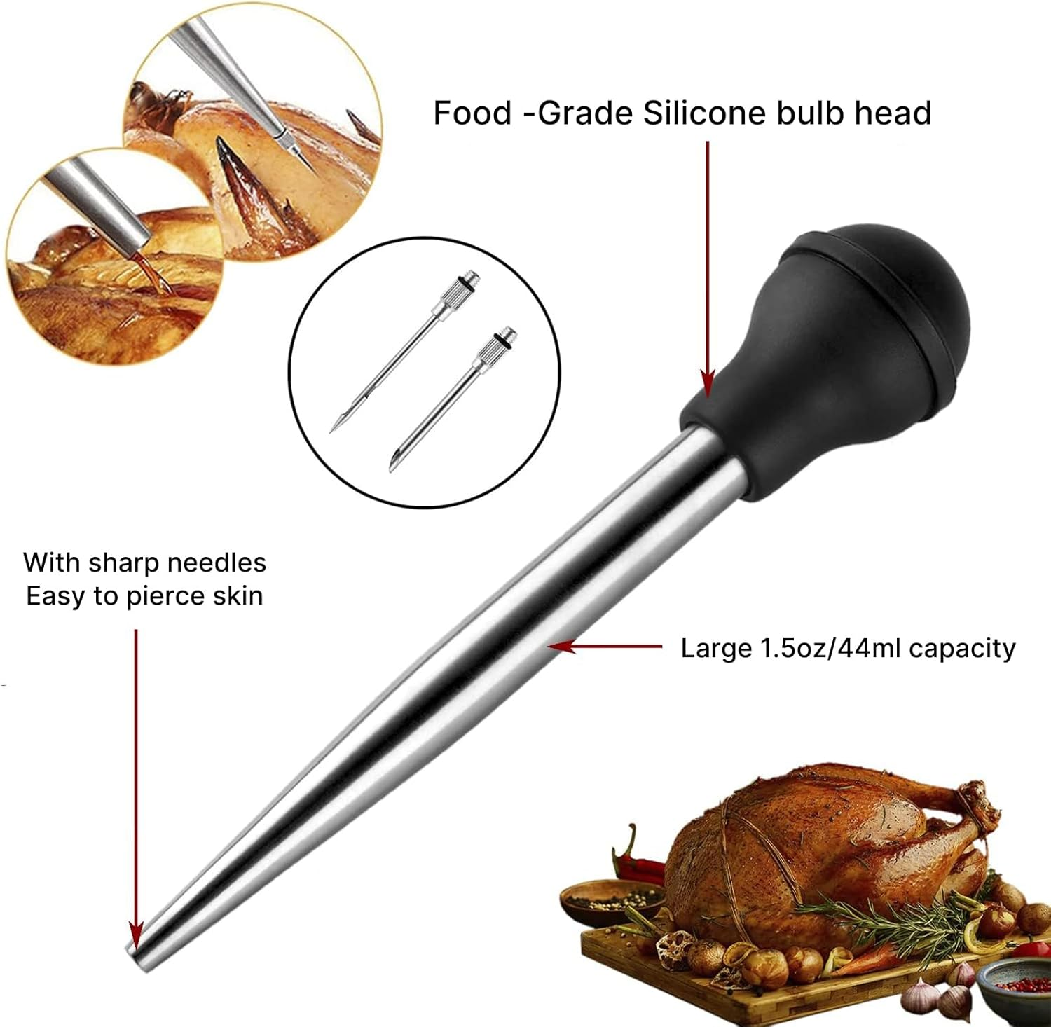 Rhoyee Stainless Steel Turkey Baster Set &ndash; Large Baster Syringe with Heat-Resistant Silicone Bulb, 2 Marinade Injector Needles & Cleaning Brush &ndash; Food-Grade BBQ & Roasting Tool image number 3