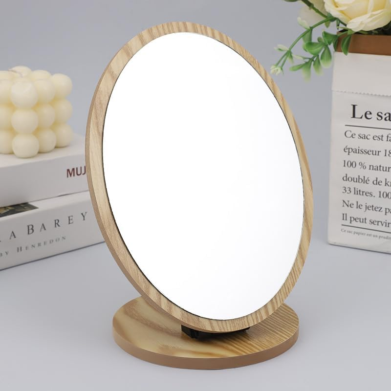 Small Table Mirror Makeup Mirror (Natural Bamboo Stand) Double-Sided 360 Degree Rotating Magnifying Mirror Portable Desktop Mirror Bathroom Shaving Makeup Mirror Vanity Mirror for Gym image number 4
