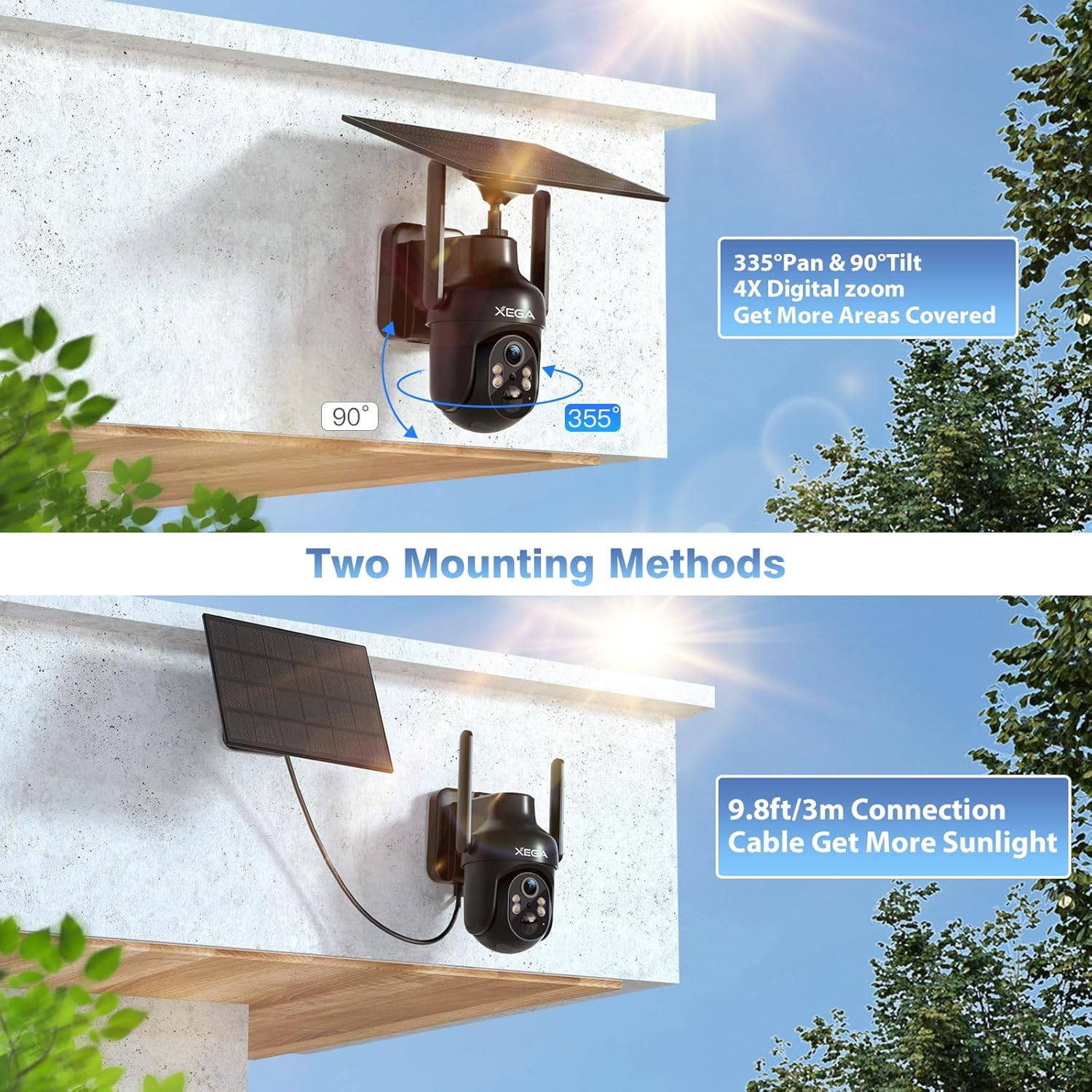 Xega Wifi Solar Security Camera 2 Pack, HD PTZ Wireless Outdoor Camera Surveillance Rechargeable Battery with Solar Panel, IR Night Vision, 2-Way Audio, PIR Motion Detection, IP66 Waterproof, 2.4Ghz