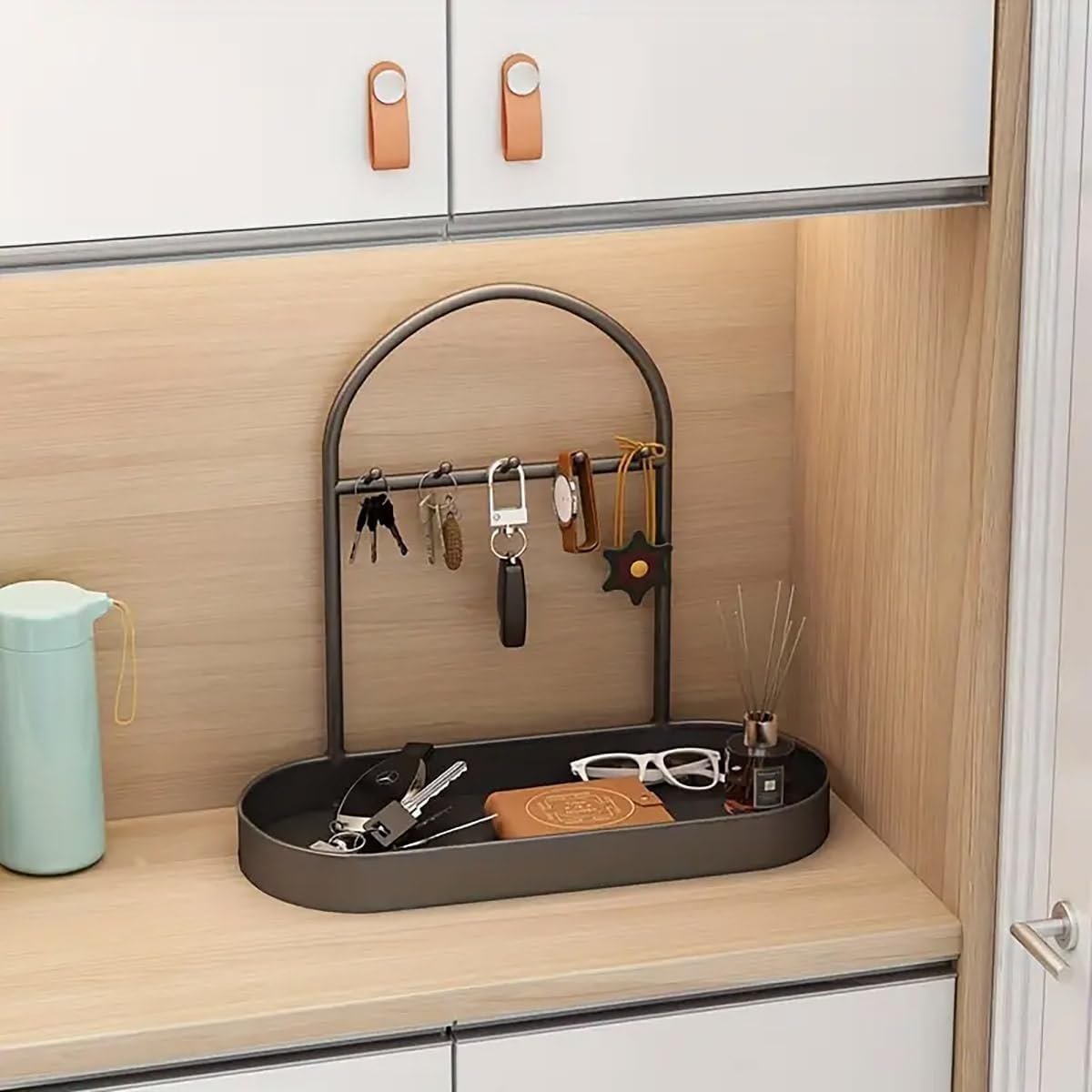 AIMALL Key Entry Door Storage Rack - Stylish Entrance Storage Organizer with Hooks for Keys, Jewelry, and Accessories, Shoe Cabinet and Mask Hanger - White image number 5