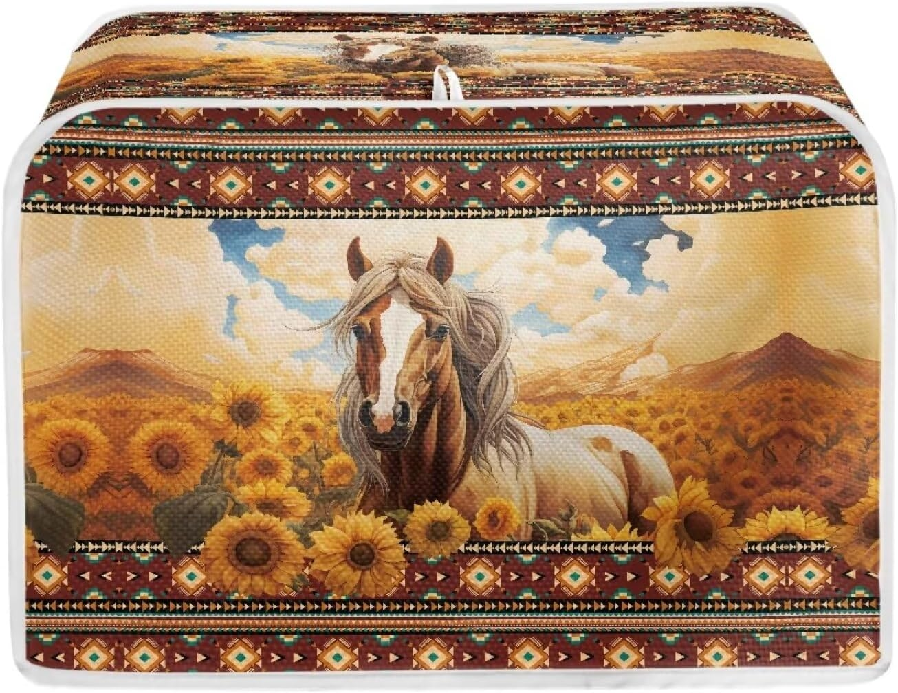 Wanzuoeng Aztec Tribal Toaster Cover 2 Slice, Horse Sunflower Print Microwave Toaster Oven Cover Dustproof Washable, Lightweight Bread Machine Cover for Home, Kitchen Accessories