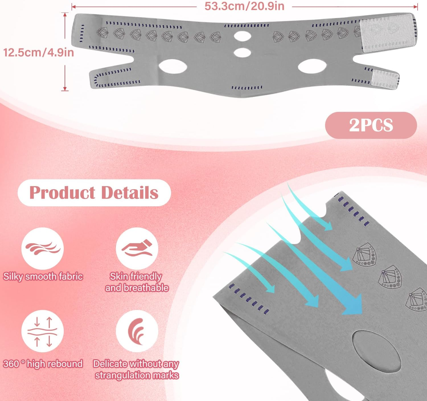 EKIND Reusable Chin Strap for Women Double Chin Reducer Face Lifting Mask Breathable Sleep Belt Elastic Tightening Facial Slimming Wrap (2 Pack, Grey) image number 4