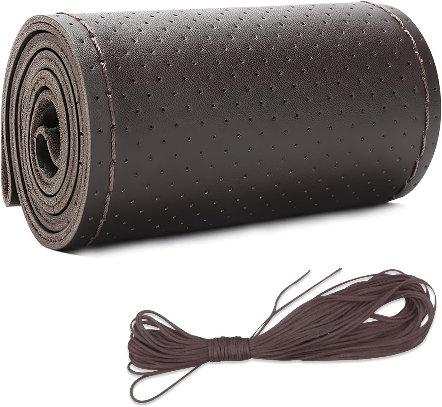 Micro Fiber Leather Steering Wheel Cover, DIY Sewing with Needle & Thread, Breathable Anti-Slip Car Steering Wheel Protector, Universal 15 Inch Auto Steering Wheel Stitch on Wrap (Coffee, Full Hole) image number 2