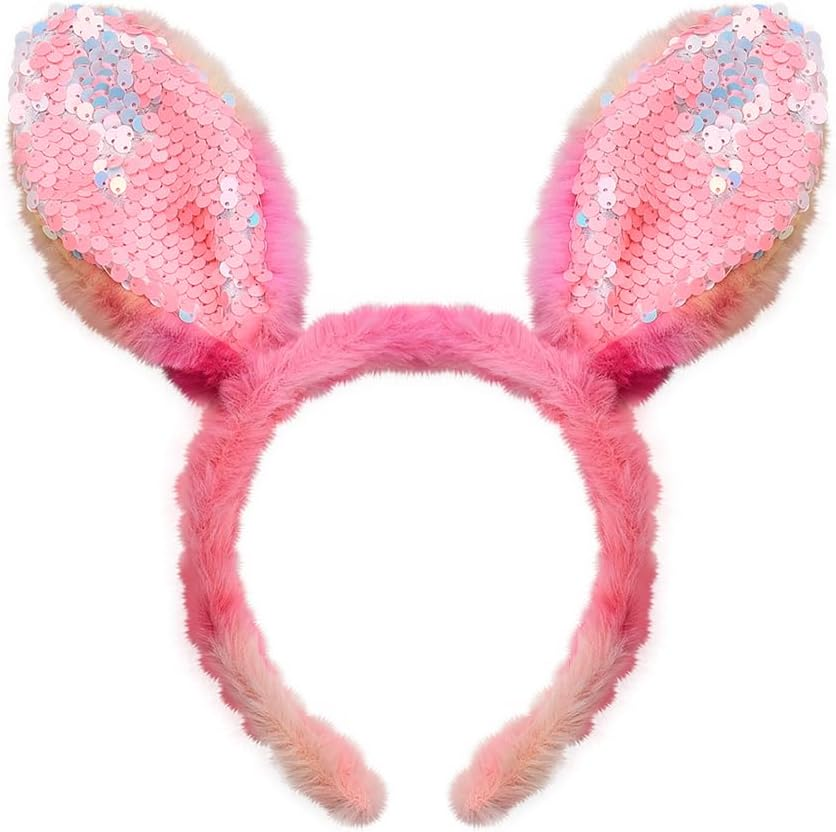 Plush Bunny Ears Headband Glitter Easter Headbands for Women Girls Sequin Rabbit Ears Hairbands Rabbit Ear Hair Hoop Easter Hair Accessories for Women Girls image number 4
