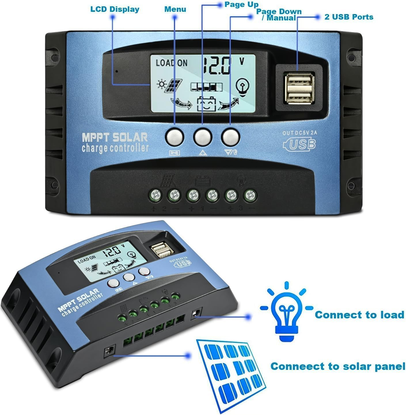 MPPT Solar Charge Controller 50A, 12V/24V Solar Charge Controller for Solar Panel with Dual USB Port, Timer Setting, LCD Display image number 5
