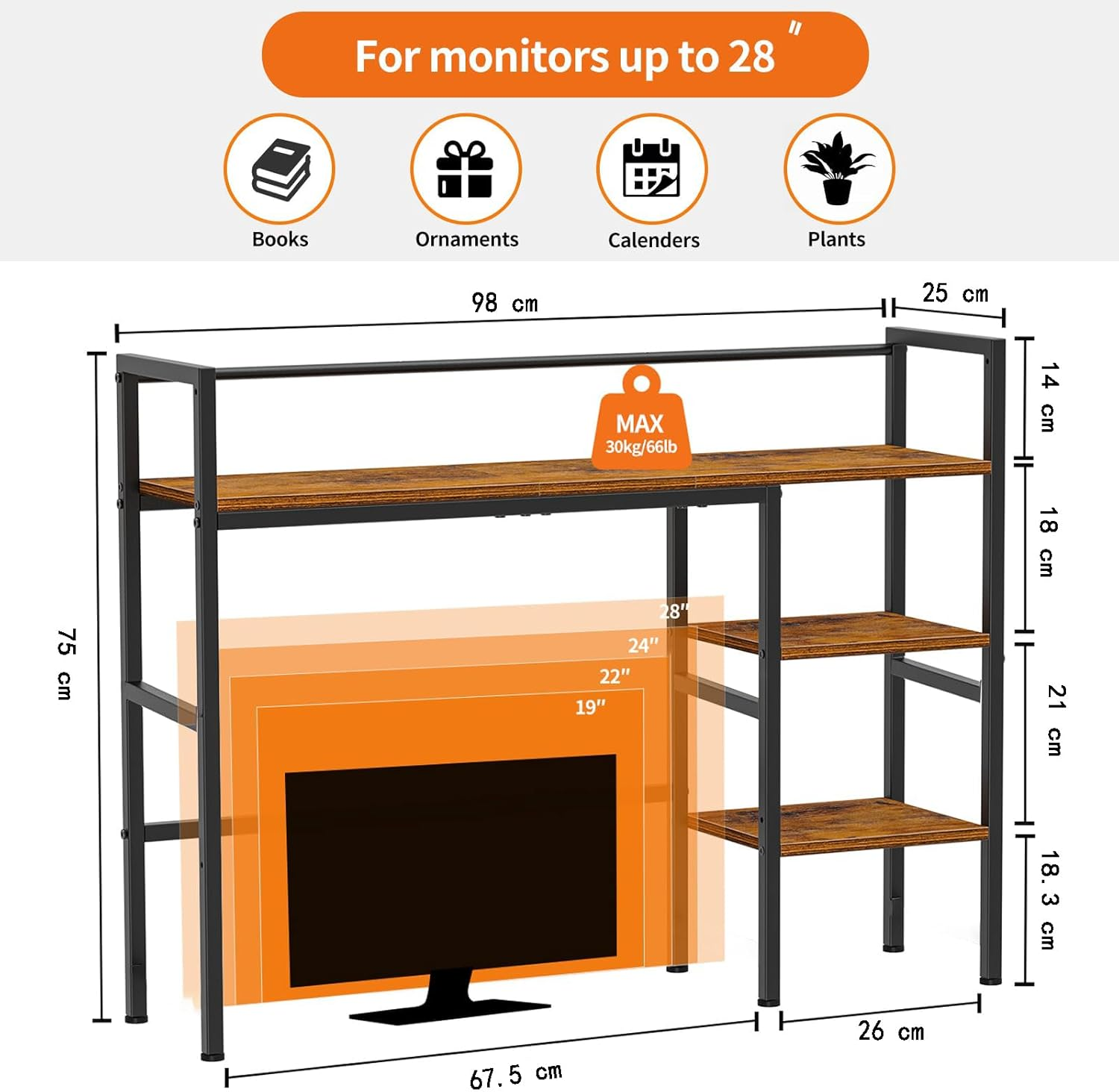 Desk Shelf, 98 Cm Desktop Organizer Shelf, Desk Hutch for Computer Monitor, 4 Tier Desktop Display Rack, Wood Bookshelf Storage Rack for Home Office Dorm (Rustic Brown, 98 CM)
