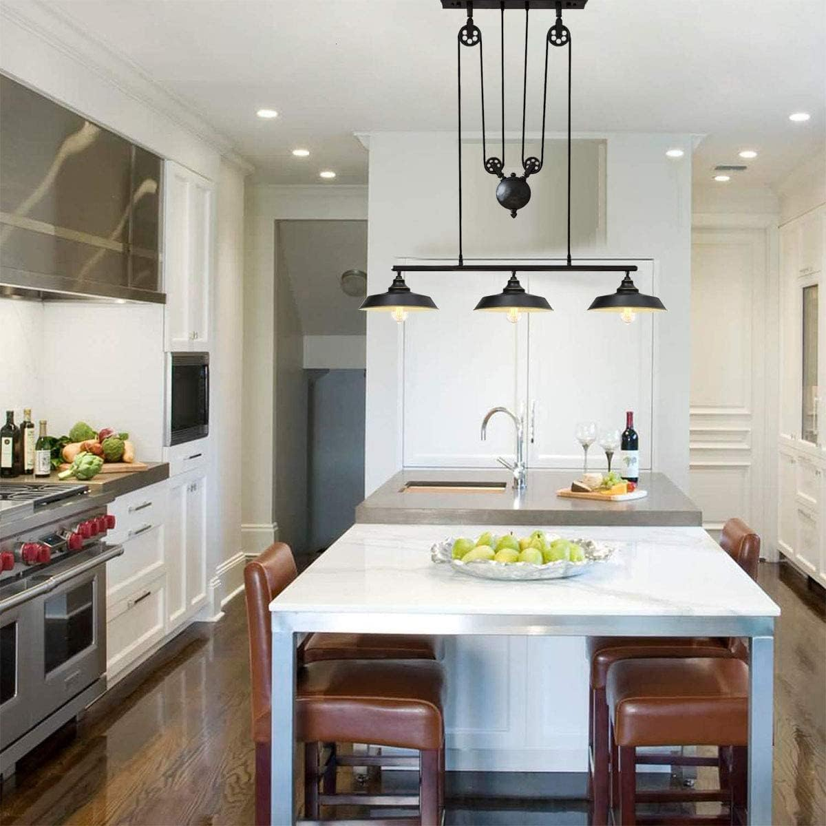 Ganeed 3-Light Upgraded Pulley Pendant Light,Rustic Kitchen Island Lights with Metal Shades,Adjustable Hanging Height,Industrial Vintage Ceiling Lights Fixture for Dinner Room Farmhouse Bar image number 2