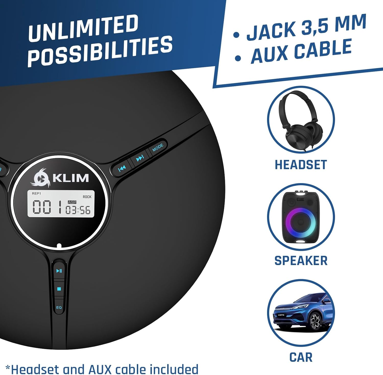 KLIM Discman with Headphones - Portable CD Player with Headphones - New Version + Ideal Car CD Player + Compatible CD-R, CD-RW, MP3 + Compact Mini CD Players Personal CD Walkman - Black image number 6