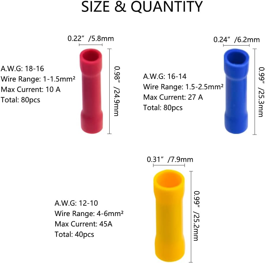 WMYCONGCONG 200 PCS Butt Splice Crimp Connectors Insulated Electrical Straight Wire Terminal Connectors Assortment Kit image number 2