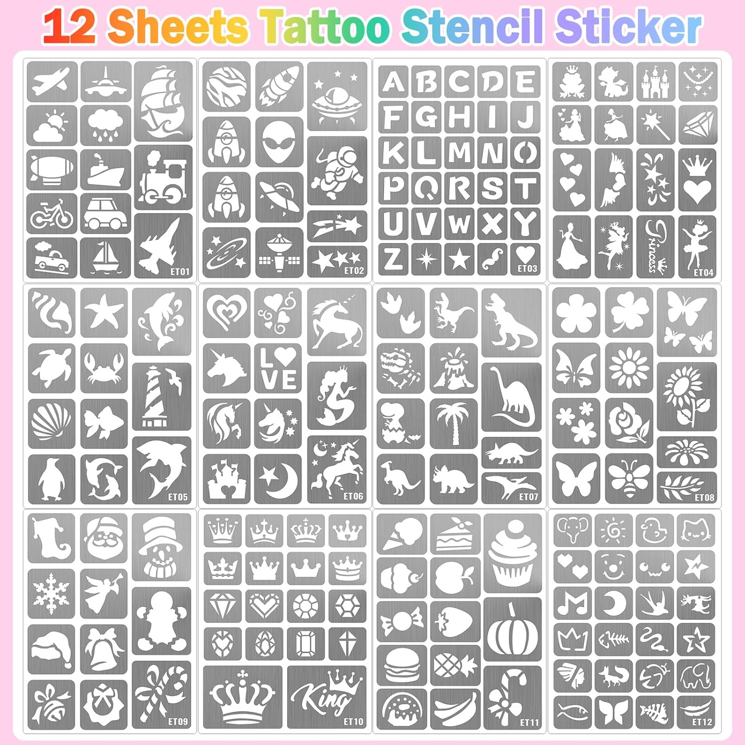 Yazhiji 183PCS Temporary Tattoo Stencils, Paint Stencils Kit for Face & Body, Glitter Tattoos, Kids & Adults, Waterproof, A5 Size, 12 Sheets image number 6