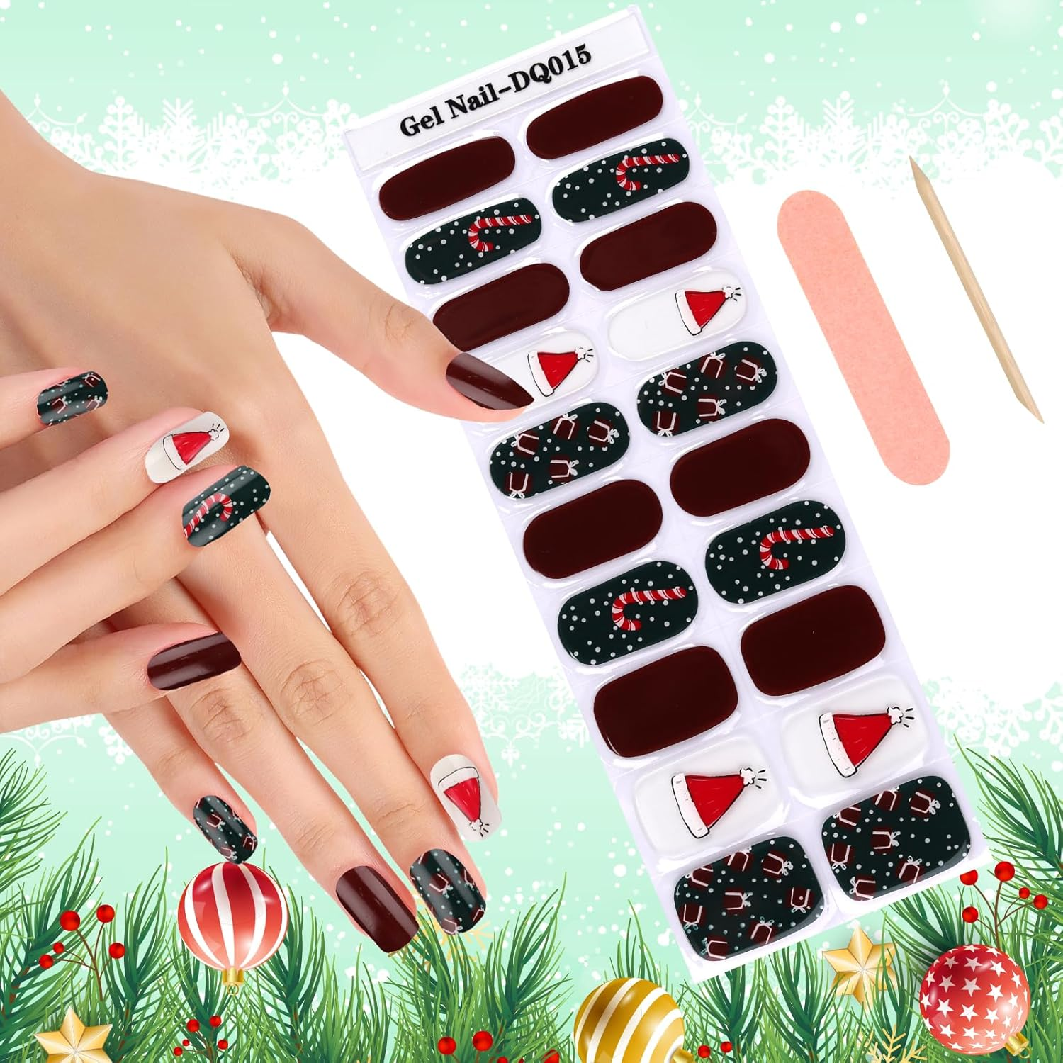 Kalolary Christmas Semi Cured Gel Nail Strips, Christmas Tree Full Wraps Stickers, Santa Claus Elk Real Gel Nail Polish Wraps New Year Nail Art Design for Women Girl