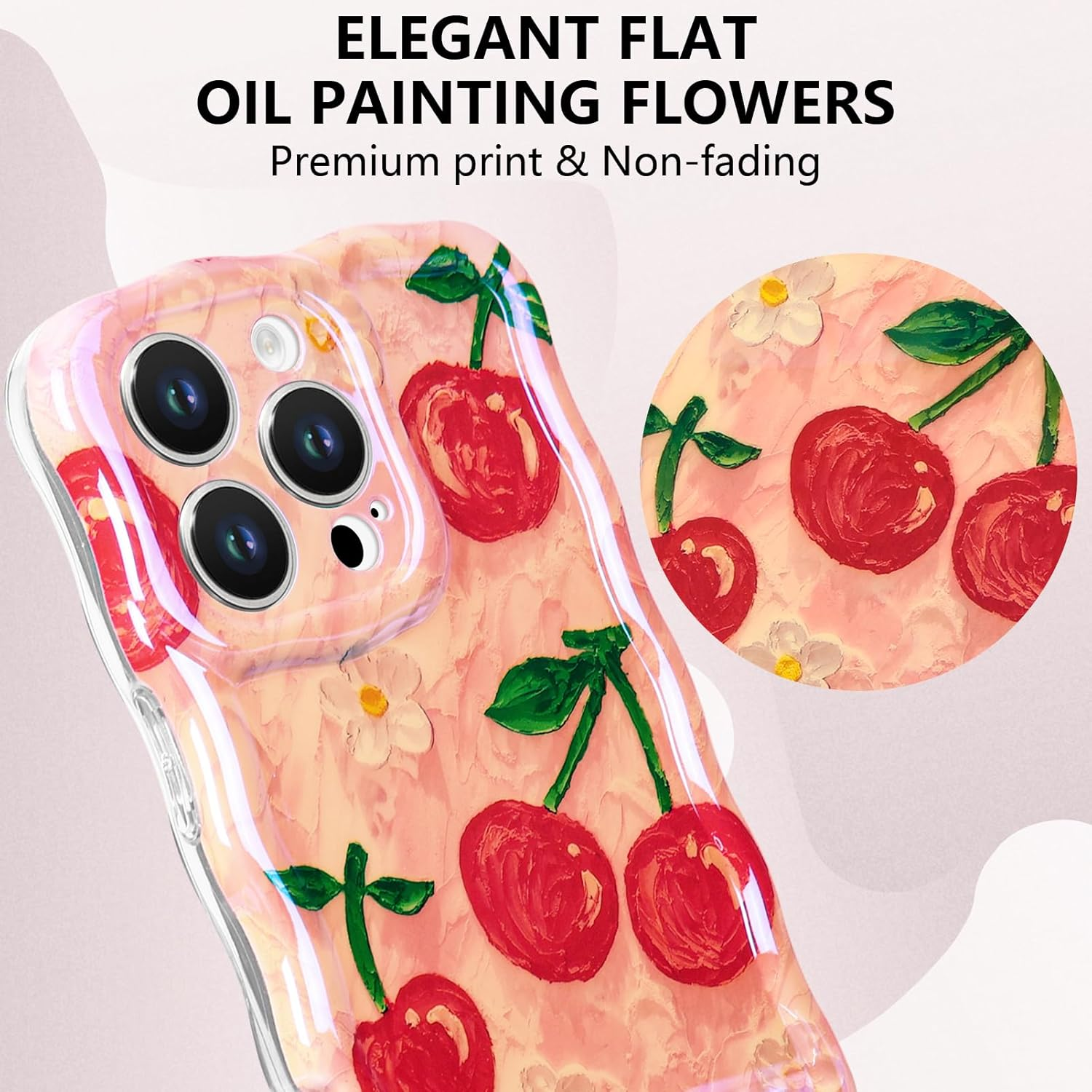 Tcaraersing for Iphone 14 Pro 6.1" Girly Case, Glossy Colorful Retro Oil Painting with Cherry Pattern, Cute Curly Wave Frame Exquisite Soft TPU Mobile Cover for Girls Women