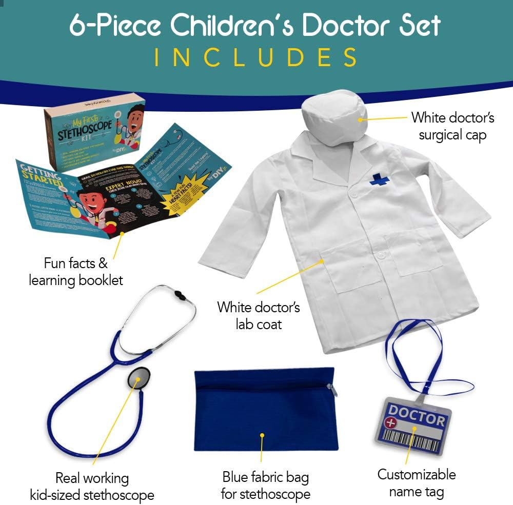 DIY Jr My First Stethoscope Doctor'S Kit - Real Stethoscope for Kids - Includes Lab Coat, Surgical Cap, Name Tag and Lanyard, Ages 6+ image number 1