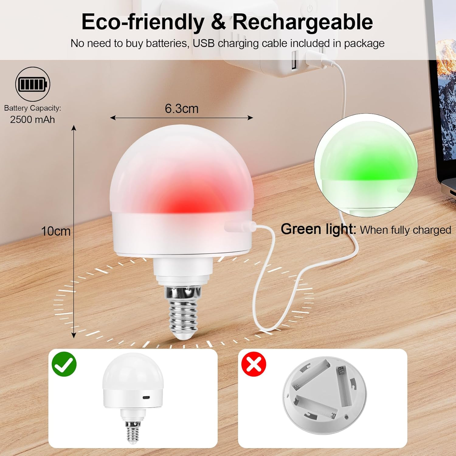 Eocean LED Rechargeable Light Bulbs, E14 Battery Operated Light Bulb, Wireless Light Bulb with 3 Colors & Timer, Magnetically Detachable, Emergency Light Bulb for Non-Hardwired (2 Pack) image number 3