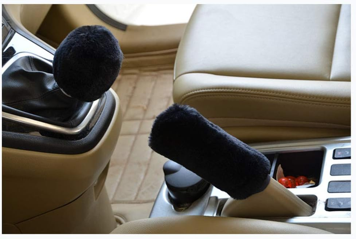 Luckyshd 2Pcs Set Soft Fluffy Auto Gear Shift Knob Cover Handbrake Grip Cover/Black