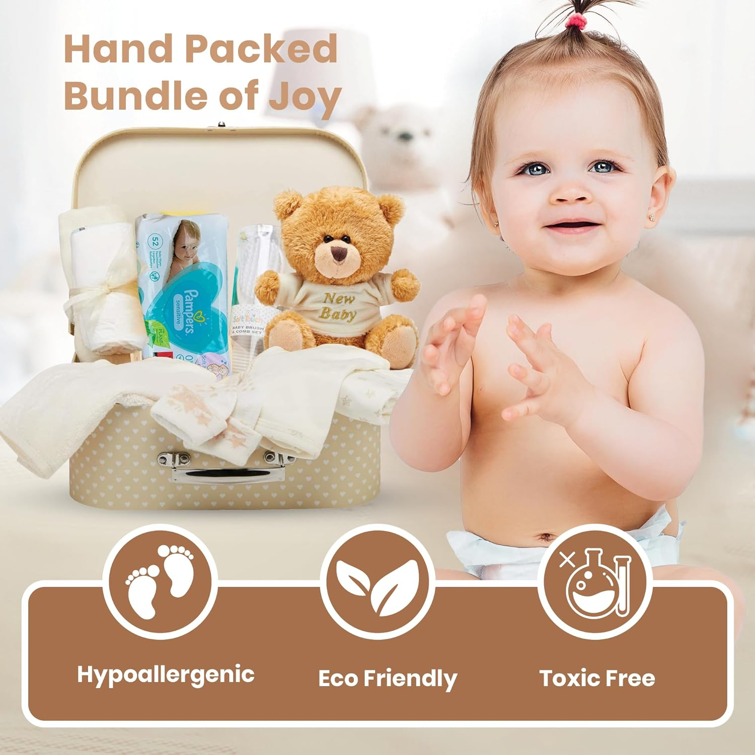 Baby Box Shop Unisex - 12 Pcs Neutral Baby Essentials - Baby Gift Hampers, Gender Neutral Baby Gift Basket Hampers, Baby Gender Reveal Gift Set - Cream image number 3