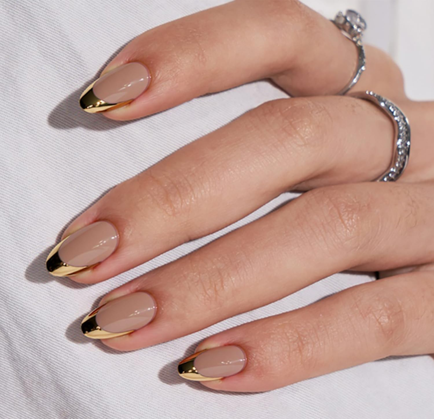 24 Pcs Press on Nails Short Almond Stiletto, Glitter Pink with Gold Tips Fake Nails with Jelly Adhesive Tabs Reusable Nail Art Kit for Women Girls image number 5