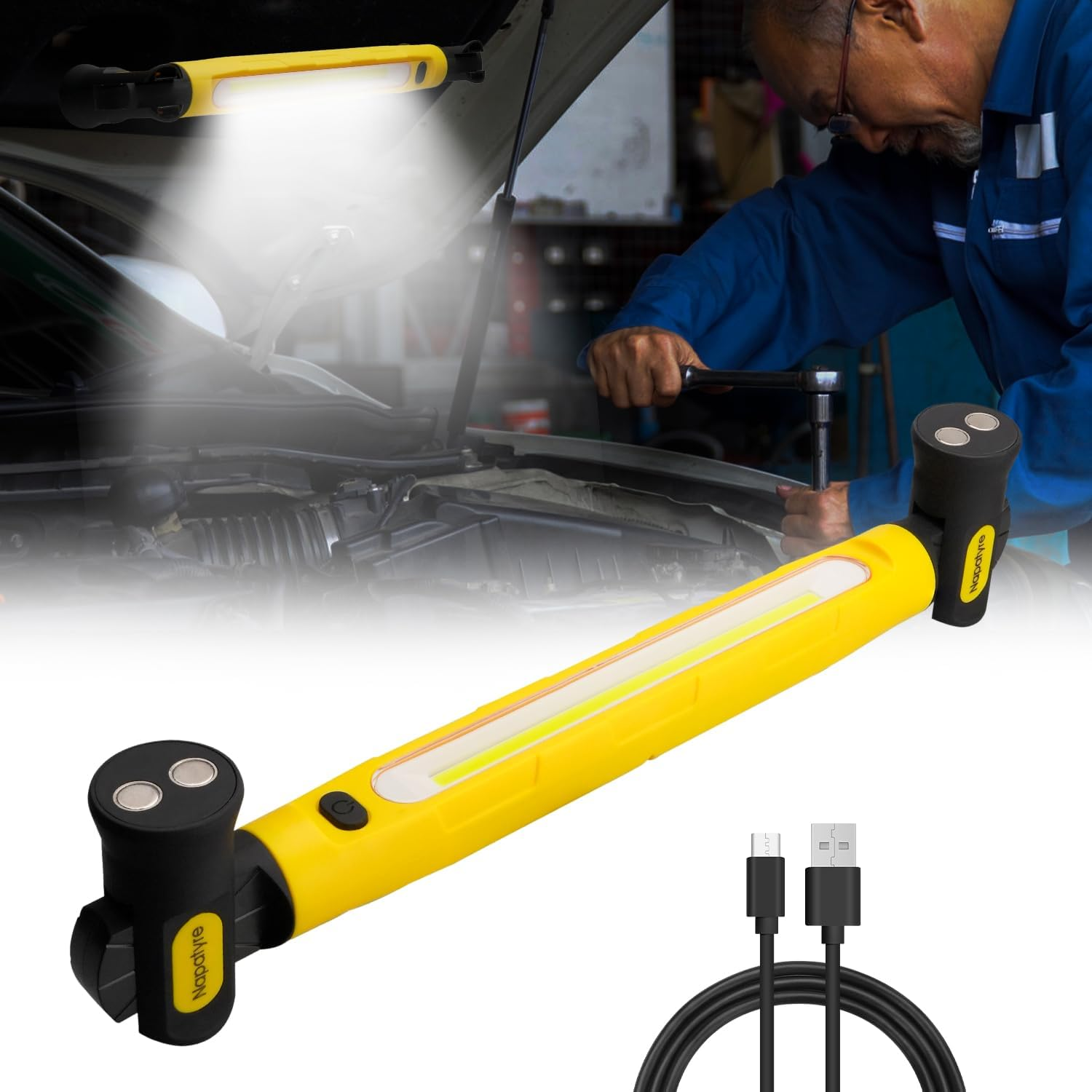 Rechargeable LED Work Light, 2400LM 4400Mah Bright Magnetic Underhood Mechanic Light with Hooks & Rotating Magnetic Base for Car Repair, Garage, Workshop, Emergency image number 5