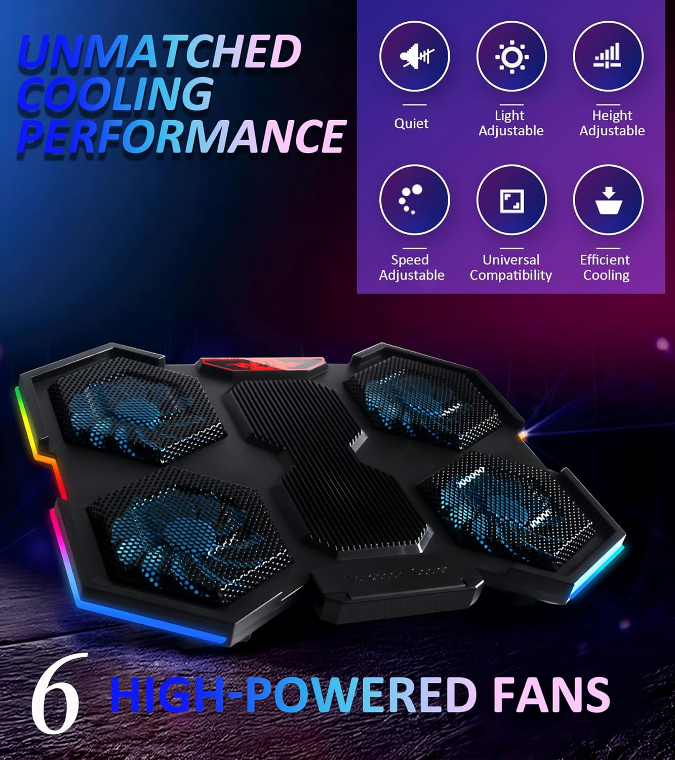 Upgraded Laptop Cooling Pad - RGB Lights Laptop Cooler with 6 Quiet Fans Adjustable Cooling Stand for 12-18 Inch Laptops, Dual USB Ports, Gaming Cooling Pad for Desk or Lap Use image number 3