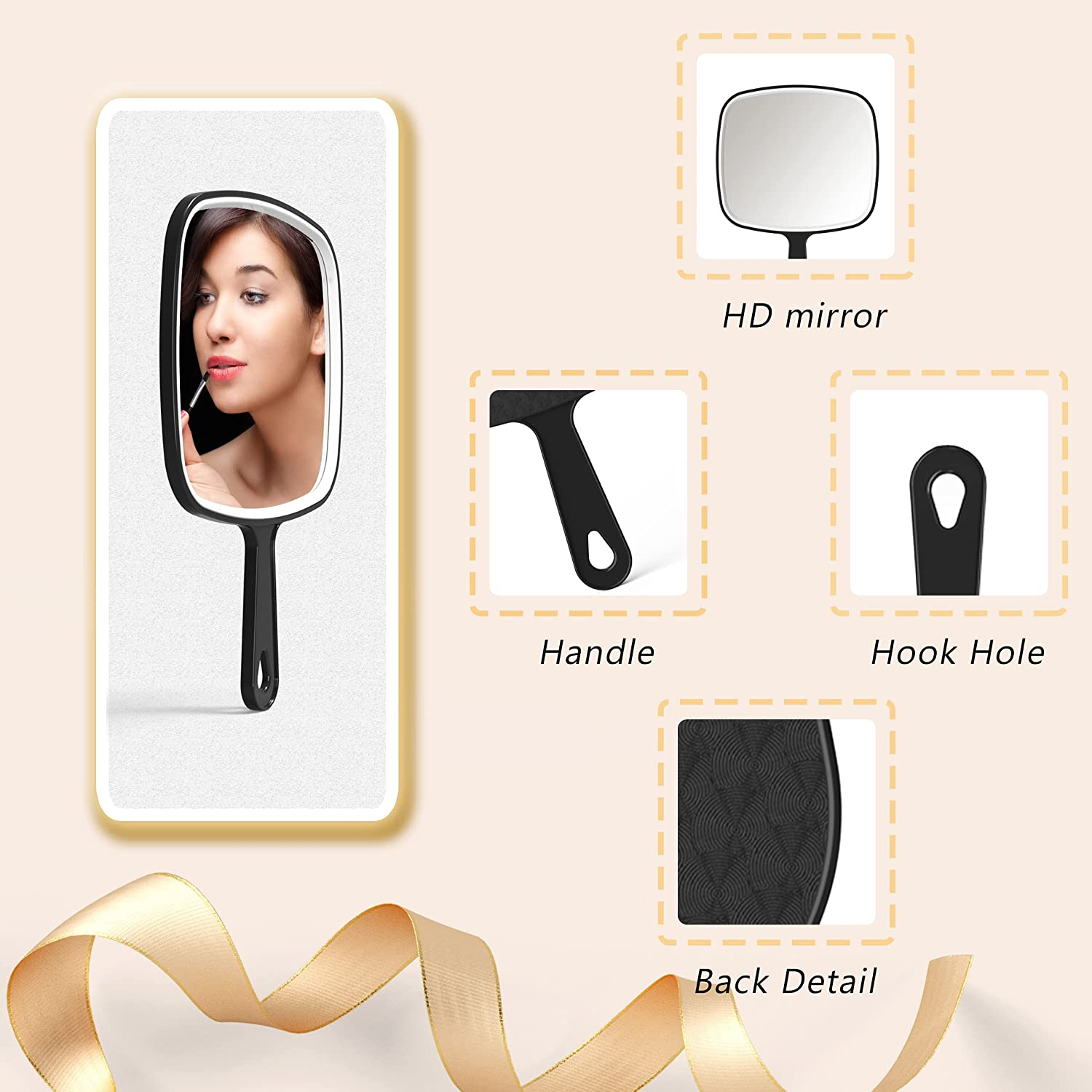 Vrhere Mirrim Hand Mirror, Black Handheld Mirror with Handle, Salon Barber Hairdressing Handheld Mirror with Handle (7.4'' X 10.3'' L) (VRH699) image number 1