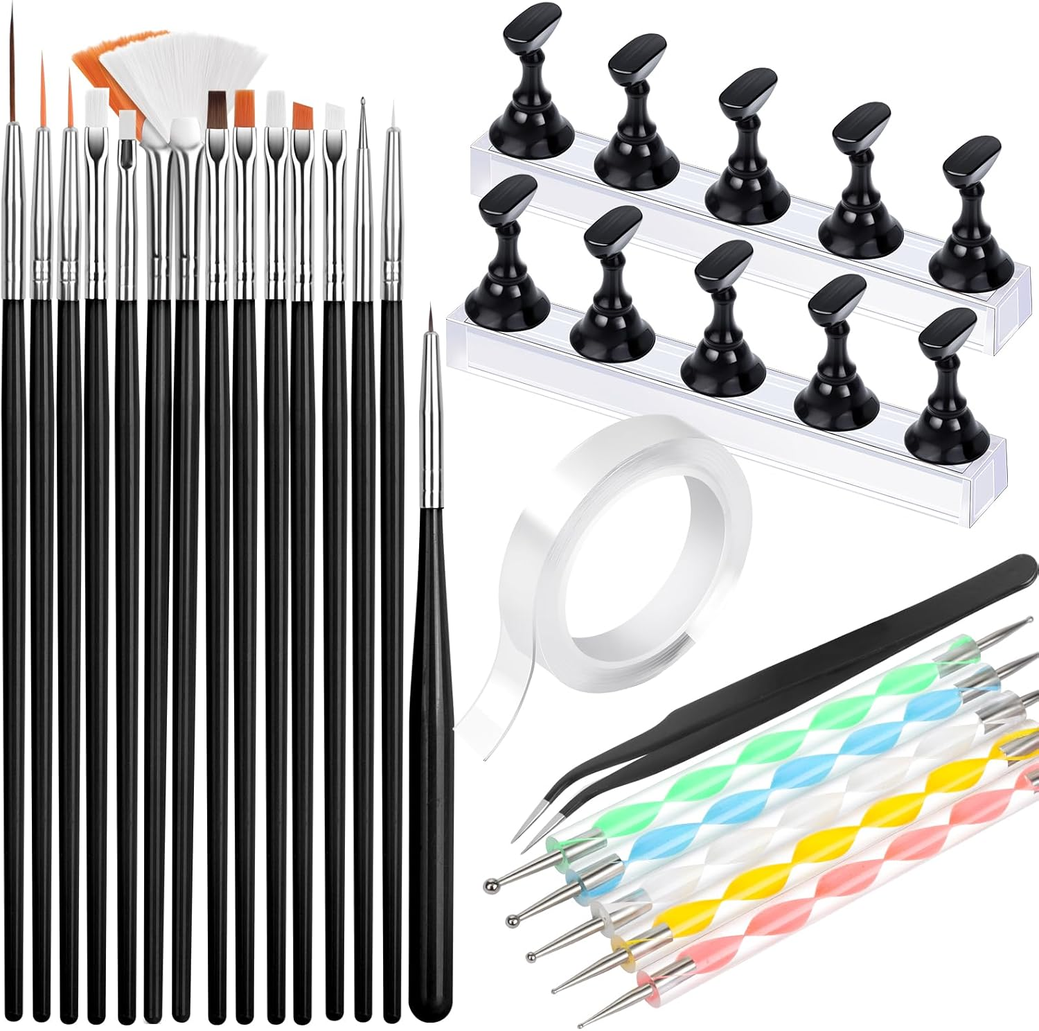 FANDAMEI Nail Art Tools, Nail Brush, 15 PCS Nail Art Brushes, 5 PCS Nail Dotting Tool, Nail Stand, Nail Holder for Painting Nails, Nail Tools, Nail Design Tools, Black