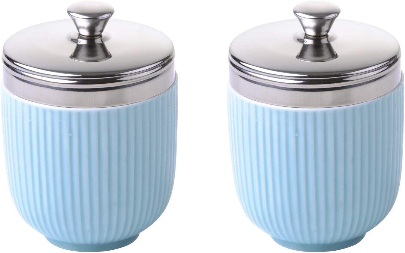 BIA International - Porcelain Egg Coddler - Set of 2 Multi-Coloured Porcelain Egg Poachers with Raining Eggs Design by Artist Clare Mackie, Kitchen Egg Boiler and Multi Cooker, Gift Boxed Packaged