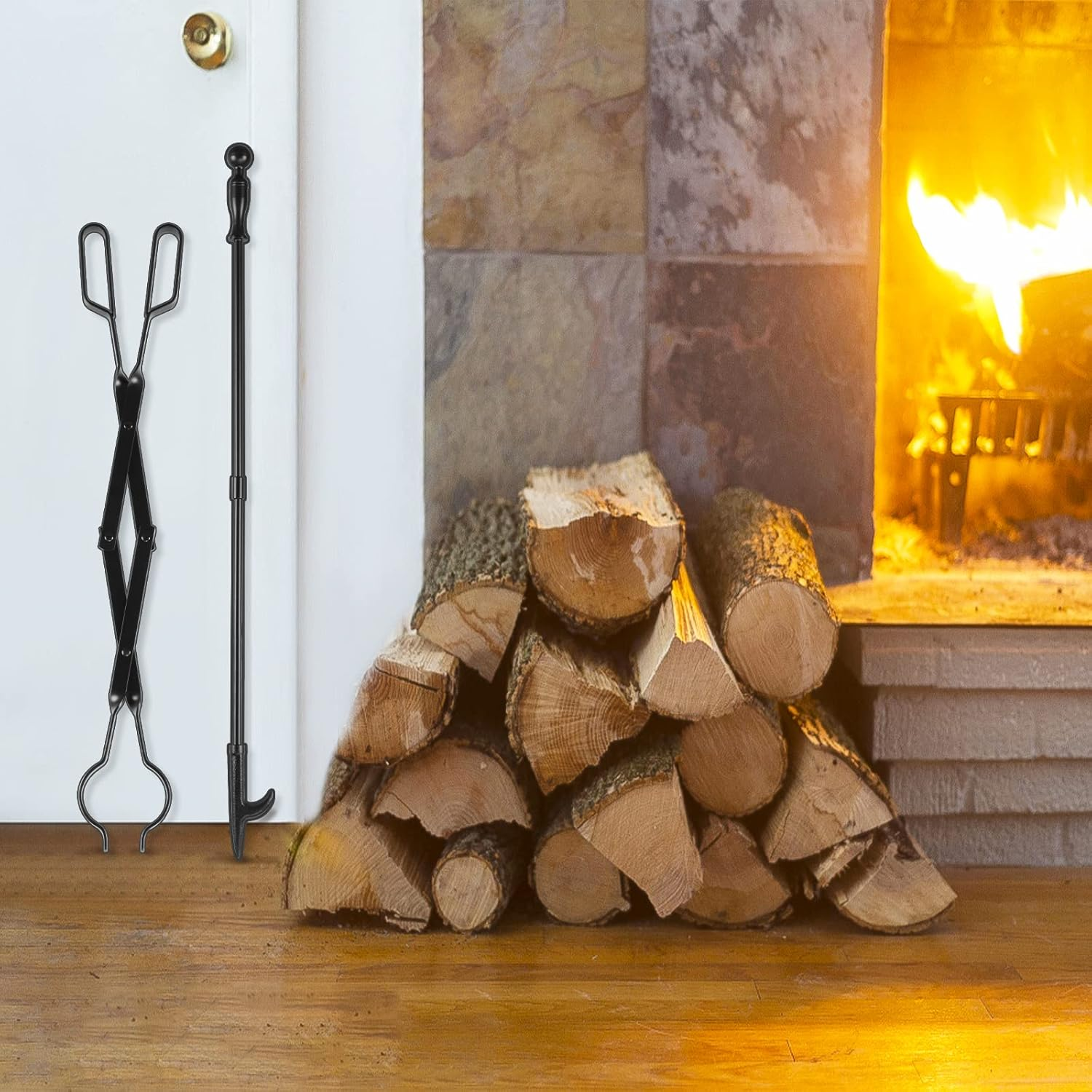 FEED GARDEN 32 Inch Fireplace Poker and 26 Inch Fireplace Tongs Set for Fire Pit Fireplace Tools Accessories Log Grabber Set for Camping Wood Stove Patio Campfire Picnic Indoor Outdoor image number 4