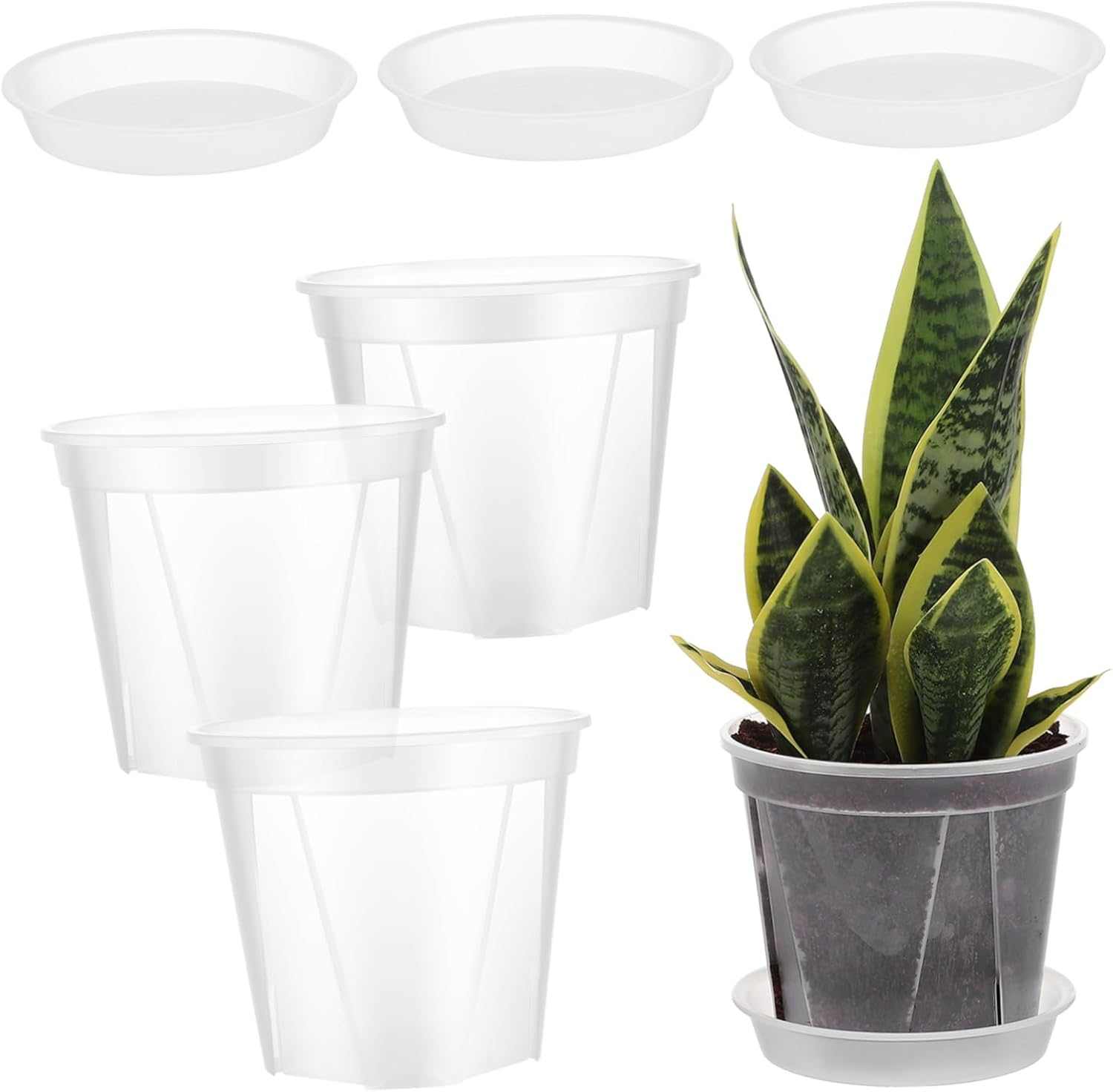 TOBBOMEY 4 Pcs Breathable Root Control Planting Pots with Drainage Trays 0.3 Gallon Plastic Planters for Indoor Orchid and Succulent Gardening