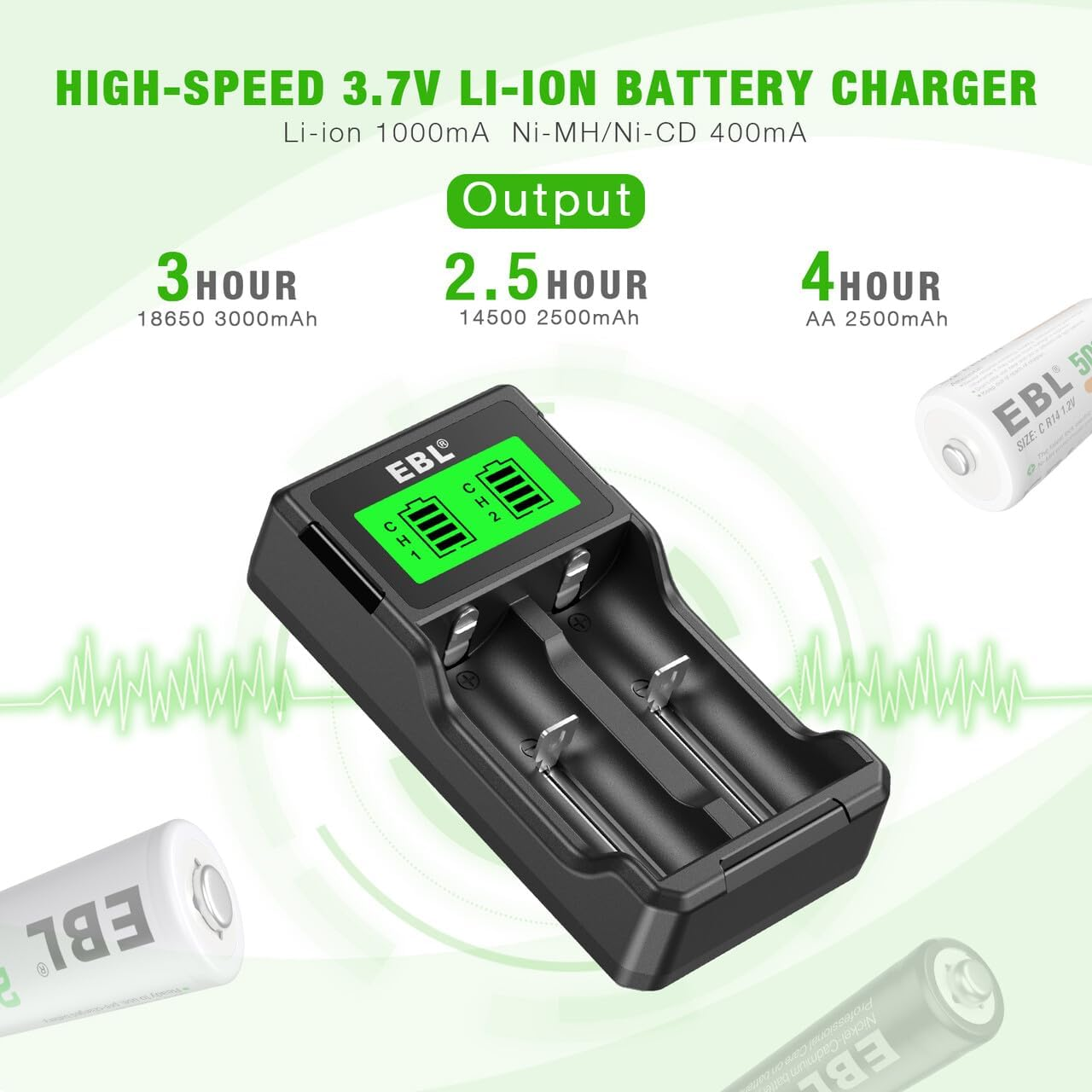 EBL Universal 18650 Battery Charger for 3.7V Lithium Ion Rechargeable Batteries 26650 22650 18650 18490 18350 17670 16340 (RCR123) 14500 and 1.2V Ni-Mh Ni-Cd Rechargeable C AA AAA Batteries image number 4