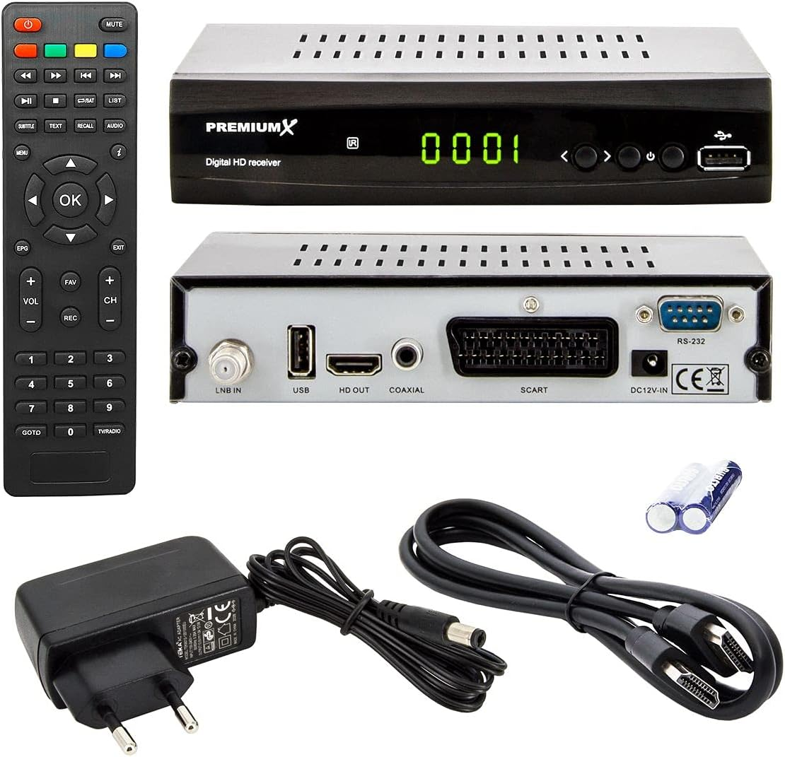 Premiumx Satellite Receiver HD 521 FTA Digital SAT TV Receiver DVB-S2 Fullhd HDMI SCART 2X USB Multimedia Player 12V External Power Supply