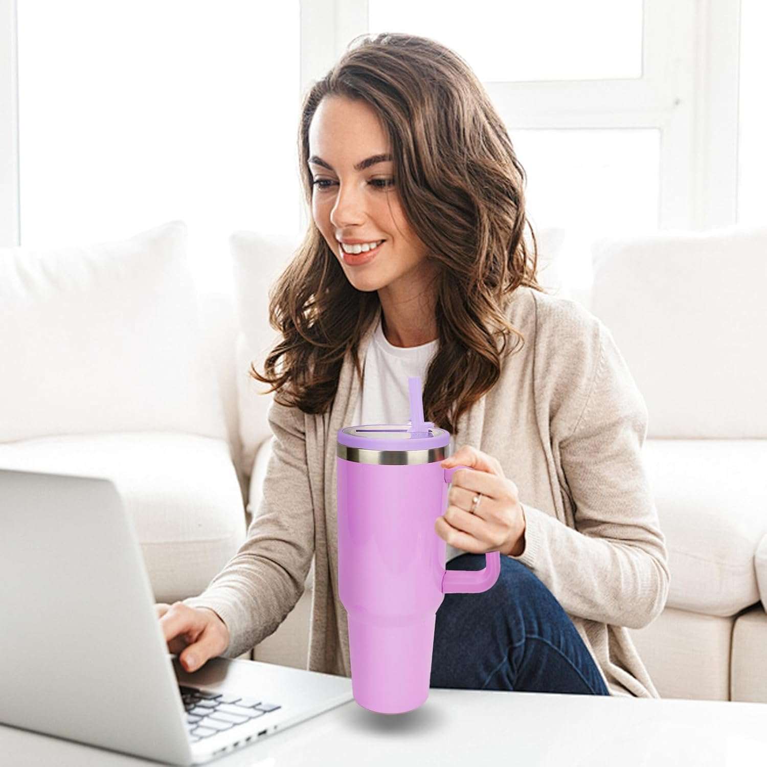 Viiotu 8 Pcs 40 Oz Spill Proof Tumbler Flip Straw Lid Replacement Fit for Stanley Quencher, Reusable Accessories with Straw Cleaner Brush, Silicone Straw for Stanley Cup (Purple) image number 3