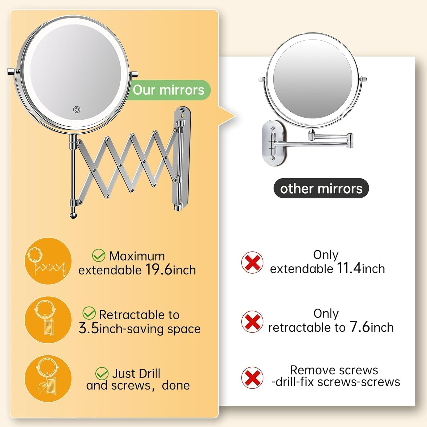 FUNTOUCH USB Rechargeable Cosmetic Mirror with 1X/10X Magnification, 3 Colours Lighting, Touch Screen Dimming, Extended Arm Makeup Mirror, 360&deg; Rotatable Wall Mirror for Bathroom and Hotel image number 3