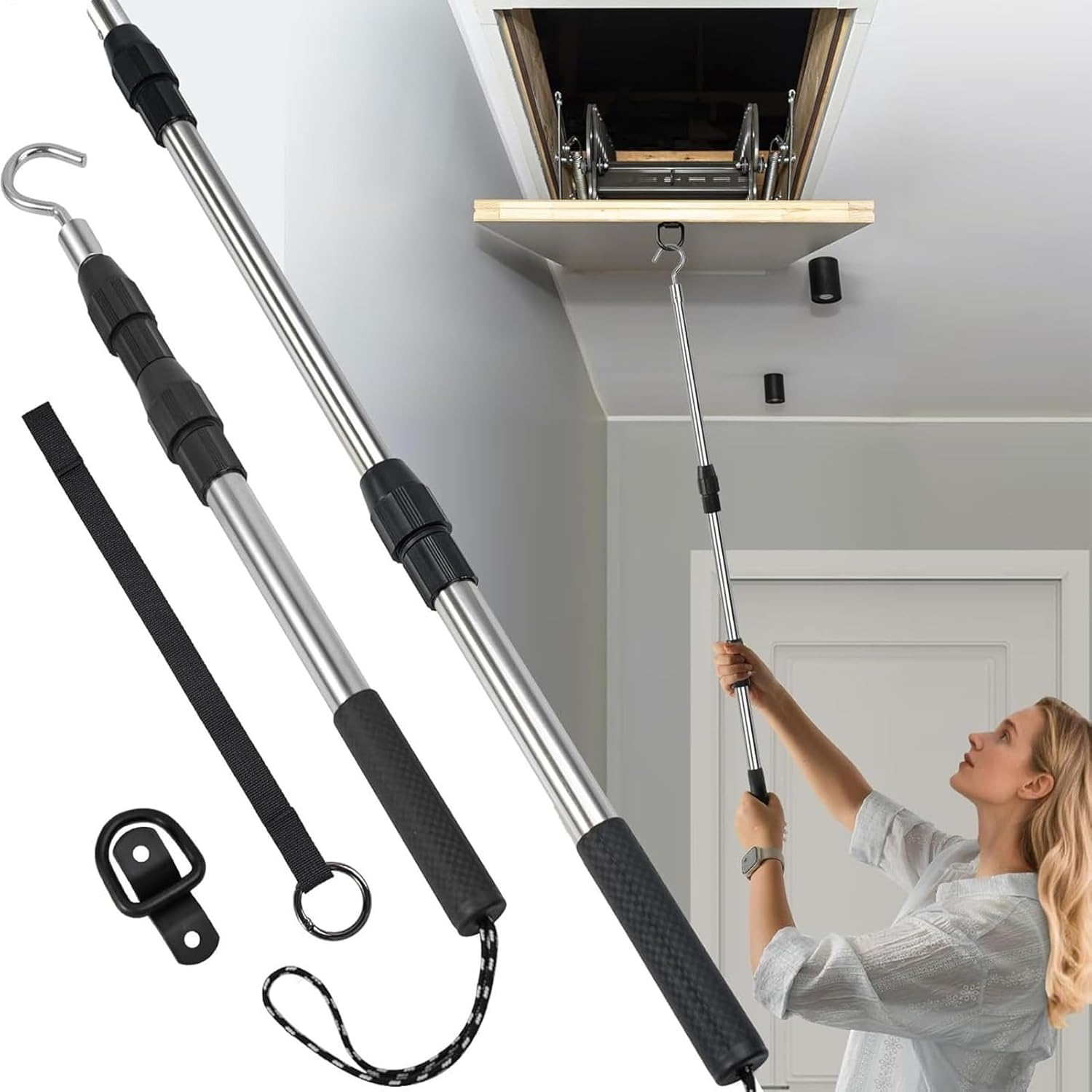 Attic Hook and Pull - Attic Pull down System Telescopic Handle - Adjustable Heavy Duty Ladders Release Tool for Canopy Cargo Garage Window Awning Curtains image number 4