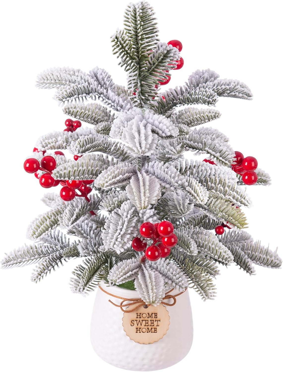 13 Inch Artificial White Christmas Tree with Lights Winter Indoor Tabletop Decor,Prelit Small Xmas Pine Tree and Realistic Berries Stems for Home Centerpiece Mantel Decor(White Basin)