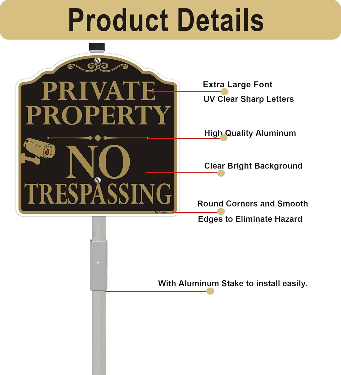 Large Private Property No Trespassing Signs with 36" Alloy Long Stake, 12X12" Video Surveillance Metal Sign for Yard, Rustproof & Fade Resistant, 2Pack image number 2