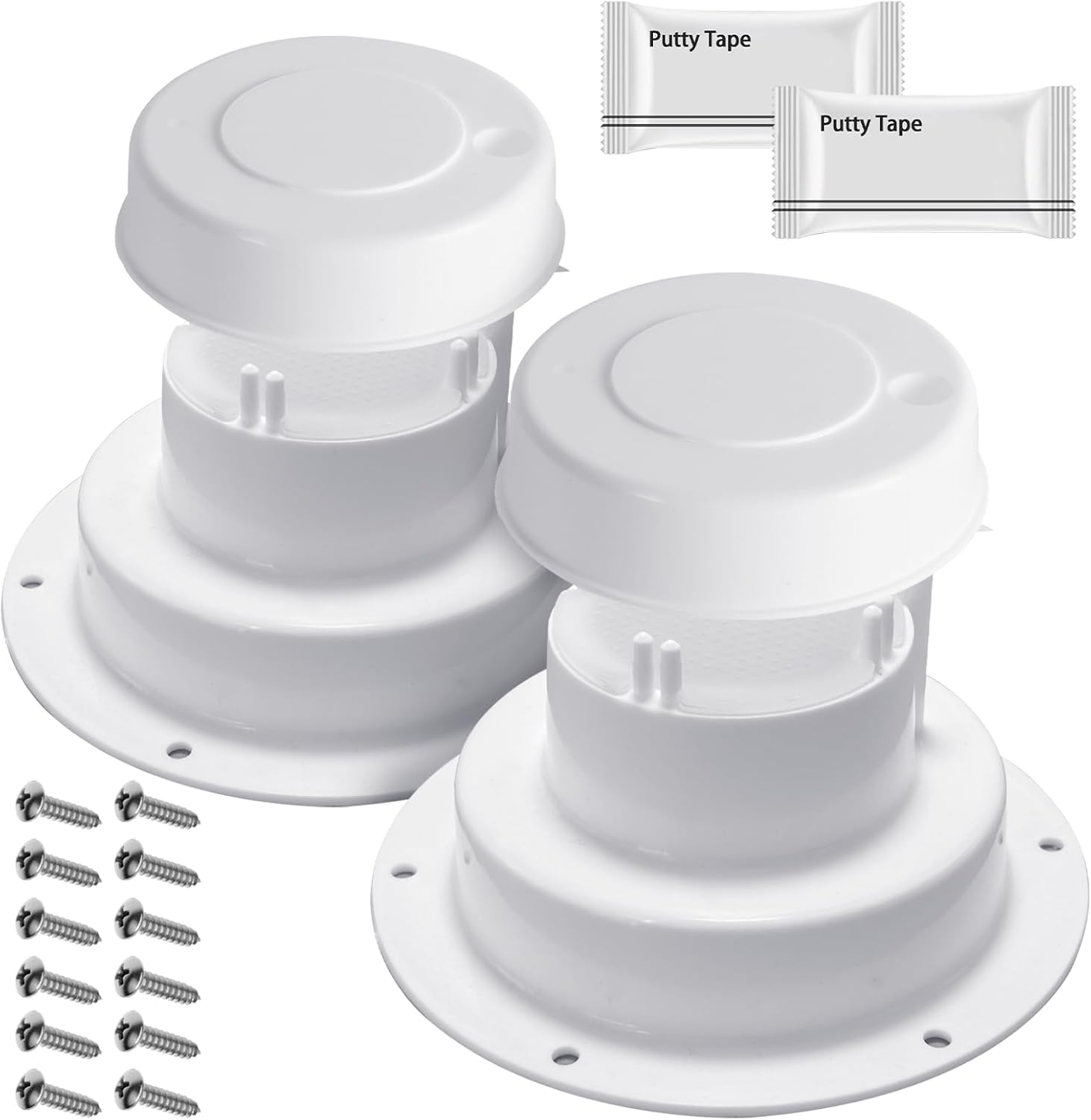 (2 Pack, White RV Roof Vent Cover Kits with Putty Tape and Screws, Camper Vents Cap for Trailer RV Roof Vent Cover Replacement, Camper Plumbing Vents Caps Kit for 1" to 2-3/8" OD Pipe image number 5