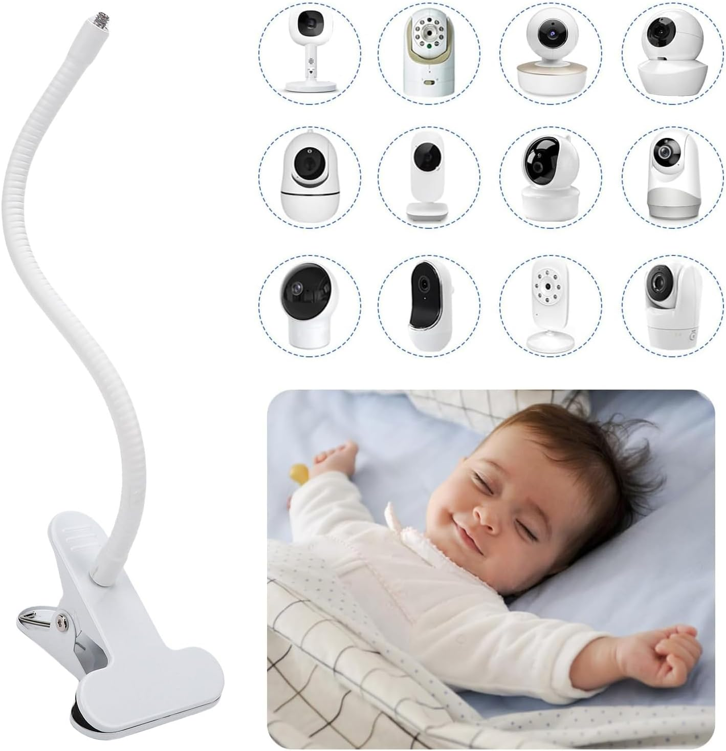 Denash Flexible Baby Monitor Mount, Adjustable Gooseneck Holder with Universal 1/4 Screw Compatibility and Clamp Fixation for Cameras image number 1