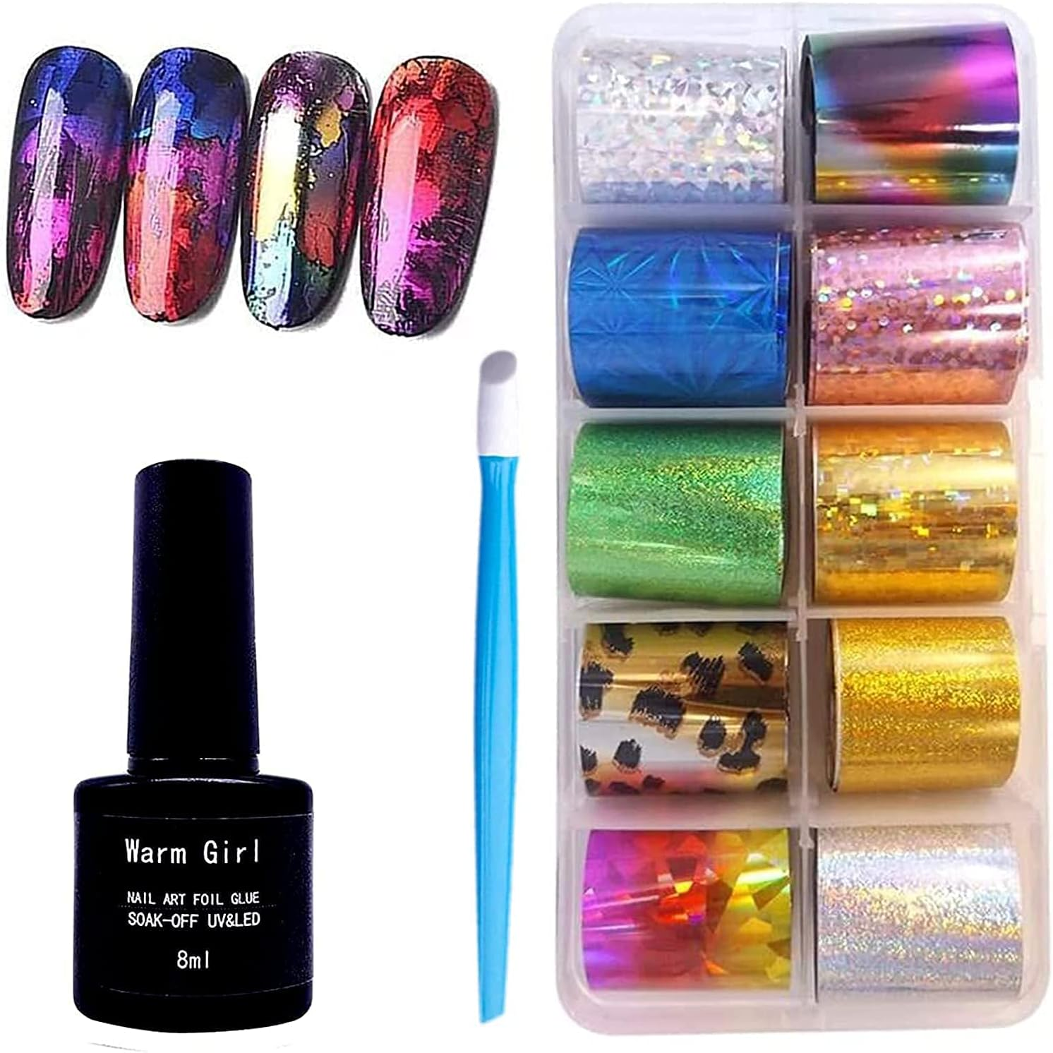 Warm Girl Nail Art Foil Glue Gel with Starry Sky Star Foil Stickers Set Nail Transfer Tips Manicure Art DIY 8ML, 10PCS (2.5Cm100Cm) Stickers