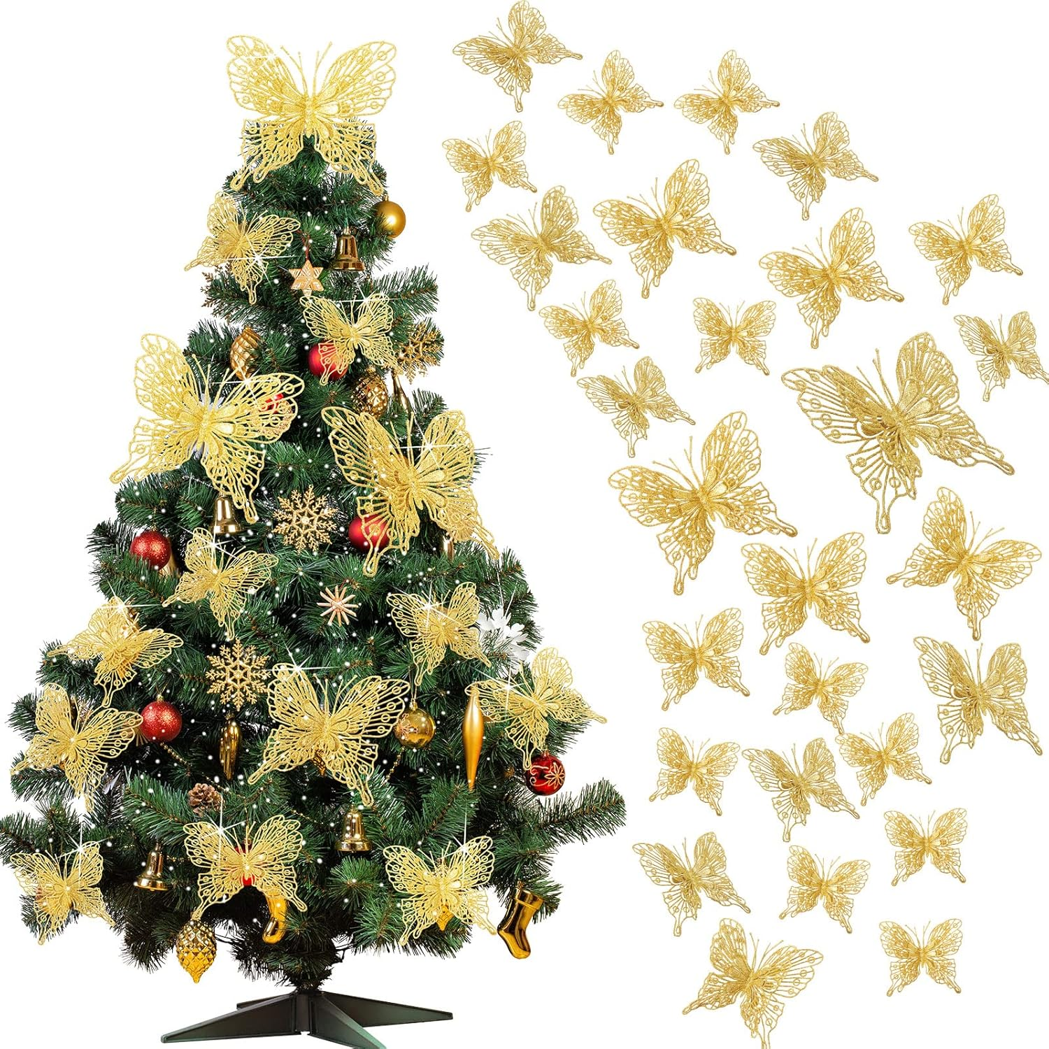 Charniol 36 Pcs 3 Size Christmas Tree Butterfly Decorations Glitter Hollow Butterfly Ornaments Hanging Decorations with Clips for Holiday Crafts Christmas Tree (Blue)