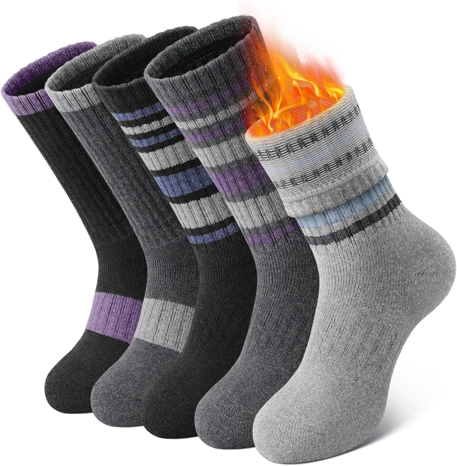 SIMIYA 5 Pairs Merino Wool Socks for Women, Winter Extra Thick Thermal Warm Hiking Socks Women Crew Cushion Socks