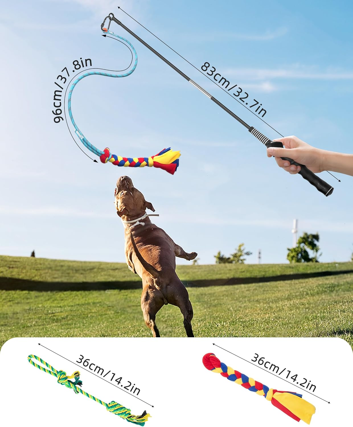 Ycozy Flirt Pole for Dogs Chase & Tug of War Interactive Dog Teaser Wand Toys Outdoor Exercise & Training with 2 Replacement Toys for Small Medium Large Dogs - Pole 83Cm image number 3